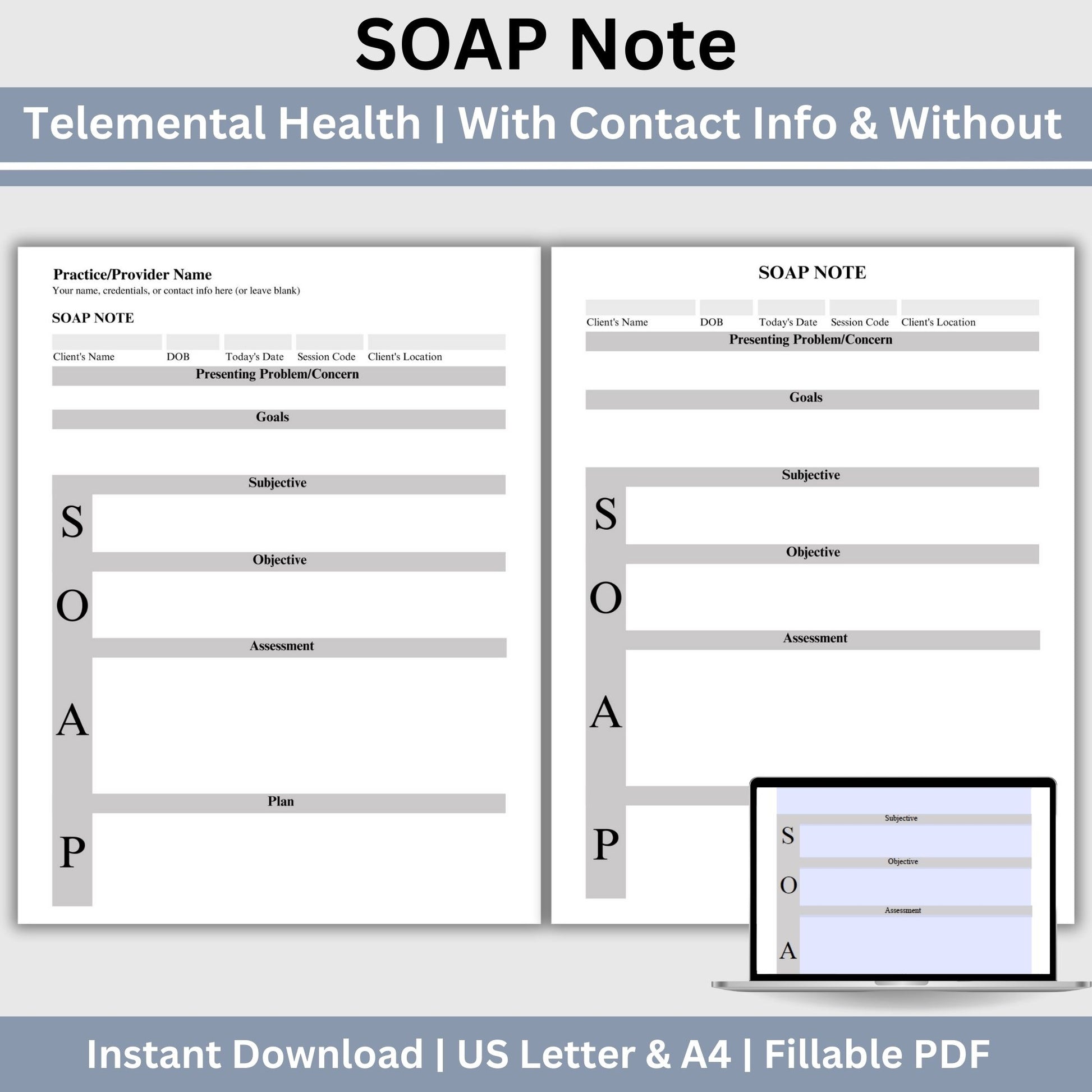 SOAP Note template designed specifically for Telemental health.  Two templates, one with contact info and one without.  Fillable SOAP Progress note for therapists office, school counselor and counseling offices.