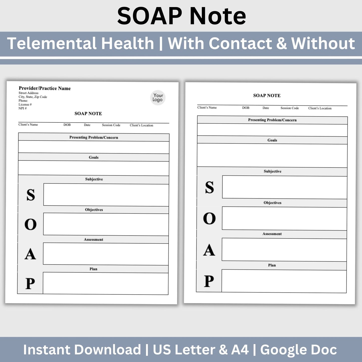 SOAP progress note template.  This is a convenient one-page progress note for mental health counselors, therapist office, social workers, and school counselors. Psychologist, social work, school psychologist, therapy note, therapist template