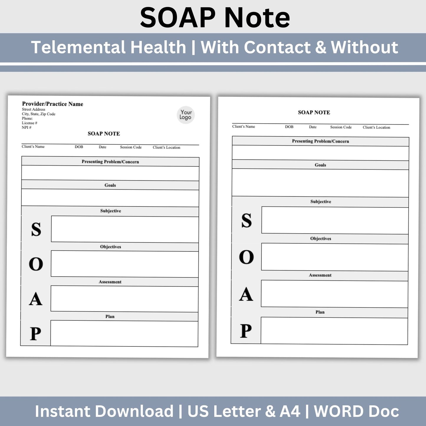 SOAP progress note template.  This is a convenient one-page progress note for mental health counselors, therapist office, social workers, and school counselors. Psychologist, social work, school psychologist, therapy note, therapist template