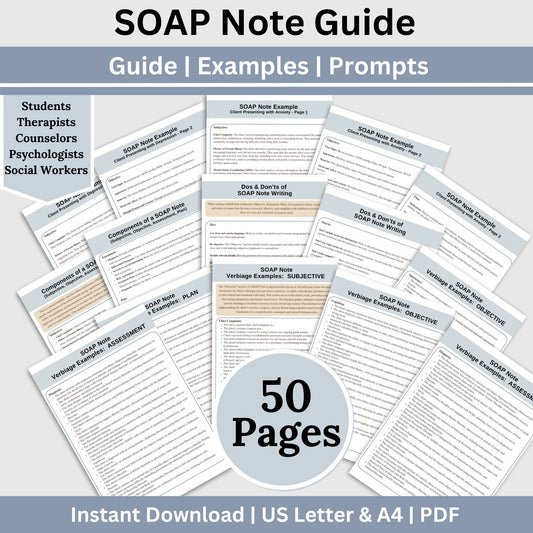 SOAP Note Guide tailored specifically for mental health therapists – your ultimate companion for efficient and organized documentation. Designed to streamline your therapy notes with user-friendly prompts and insightful examples