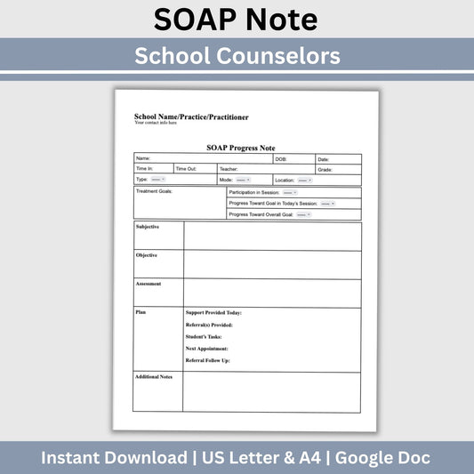 SOAP Note for School Counselors, School Social Worker Progress Note, Counseling Resources, School Counseling Template, Social Work Forms