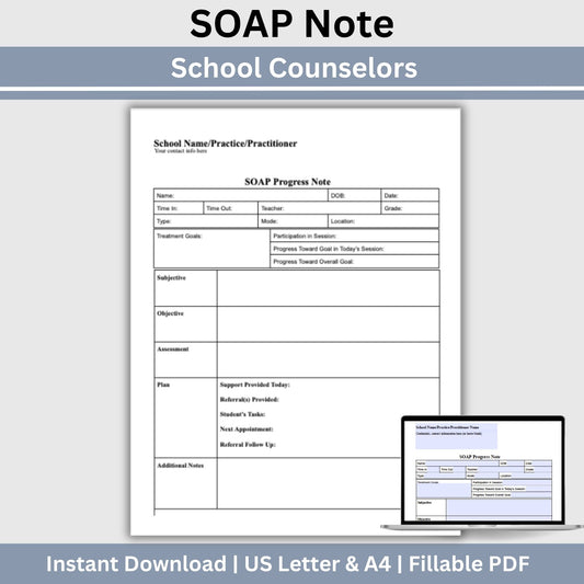 SOAP Note for School Counselors, School Social Worker Progress Note, Counseling Resources, School Counseling Template, Social Work Forms