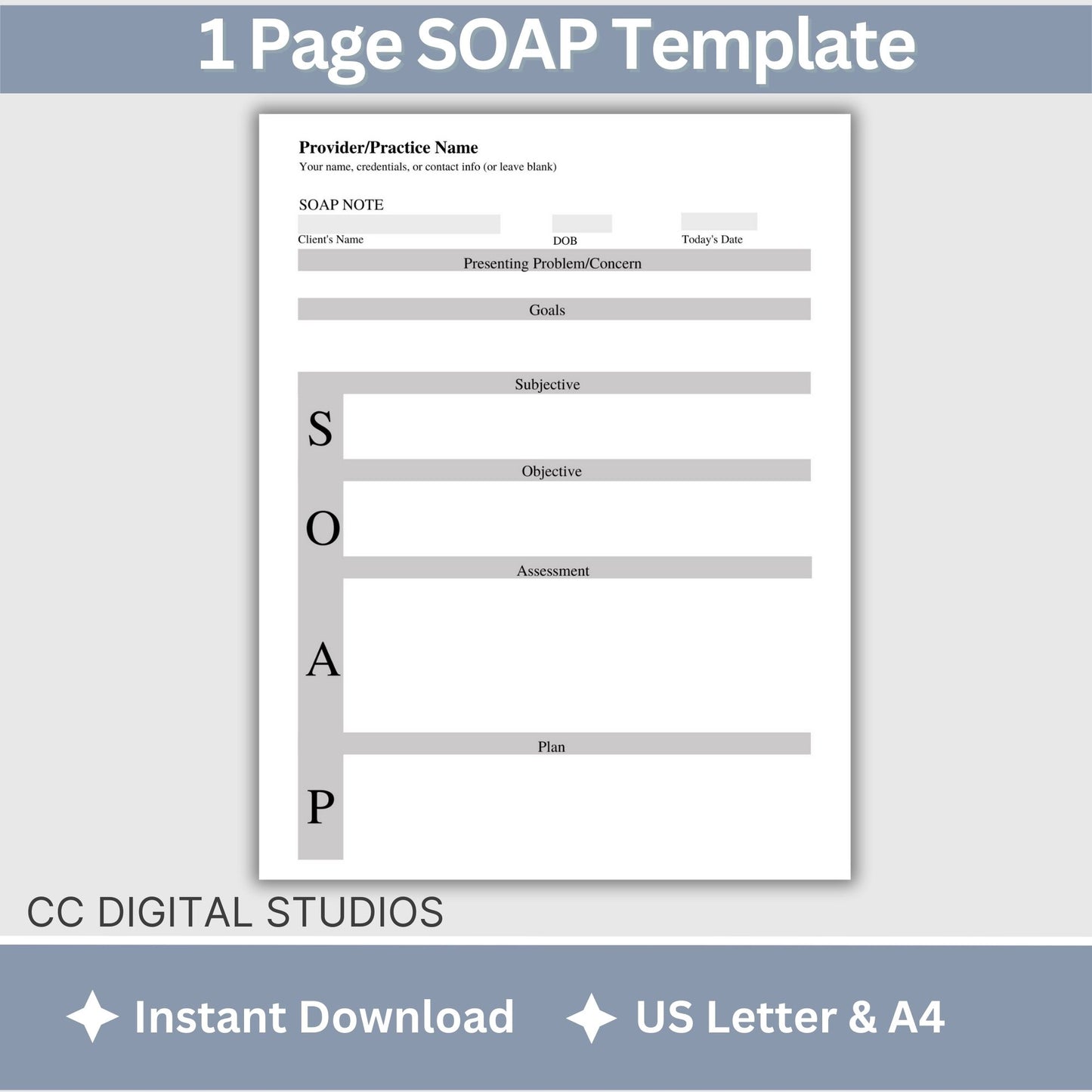 SOAP progress note template.  This is a convenient one-page progress note template for mental health counselors, therapist office, social workers, and school counselors.