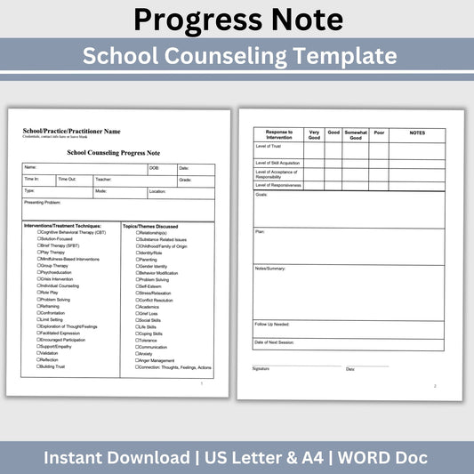 School Counseling Progress Note, a vital tool designed specifically for school counselors, school psychologists, and school social workers, School Counseling Resources, School Social Worker, Therapy Notes