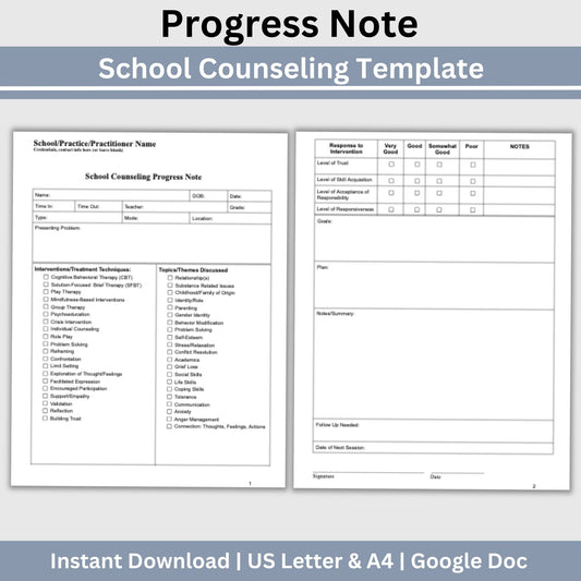 School Counseling Progress Note, a vital tool designed specifically for school counselors, school psychologists, and school social workers, School Counseling Resources, School Social Worker, Therapy Notes