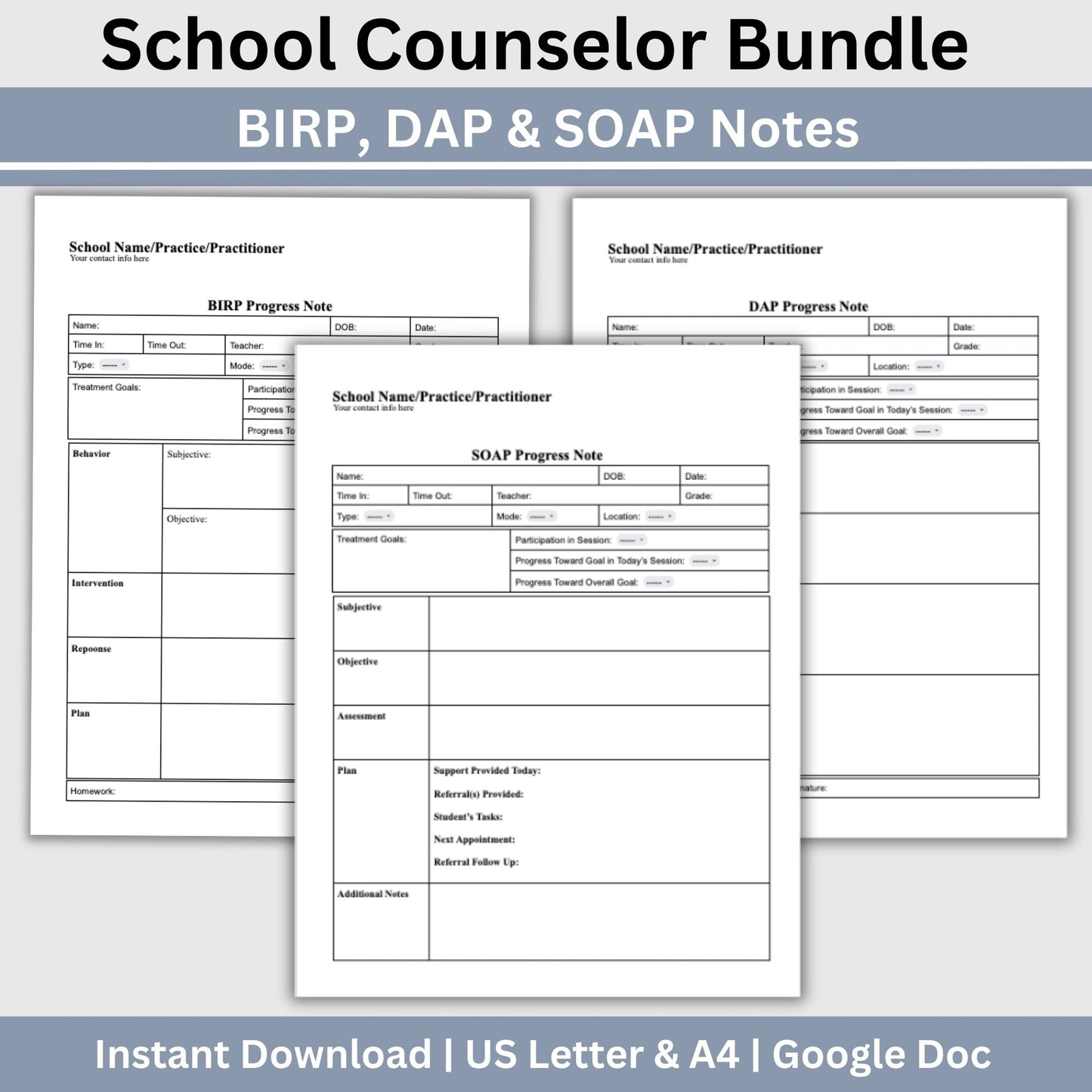 School counselor bundle of SOAP, DAP, and BIRP progress note templates. School Counselor Bundle of Progress Notes, BIRP Progress Note, SOAP Note, DAP Progress Note, School Social Worker and School Psychologists