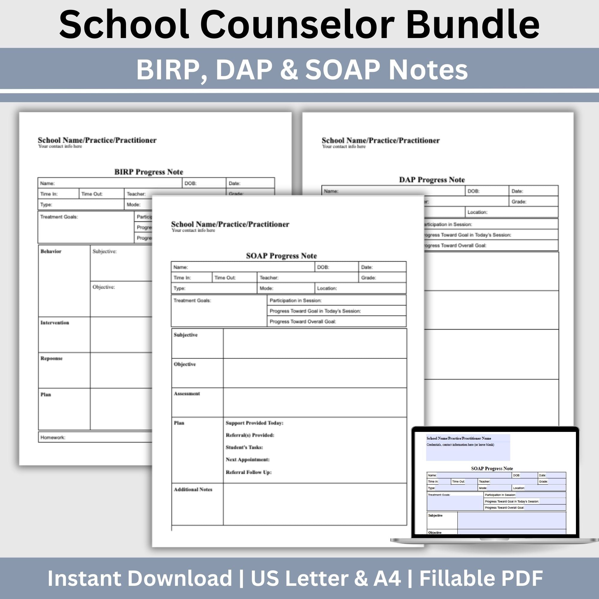 School Counselor Progress Note Bundle: BIRP, DAP, & SOAP Notes ...