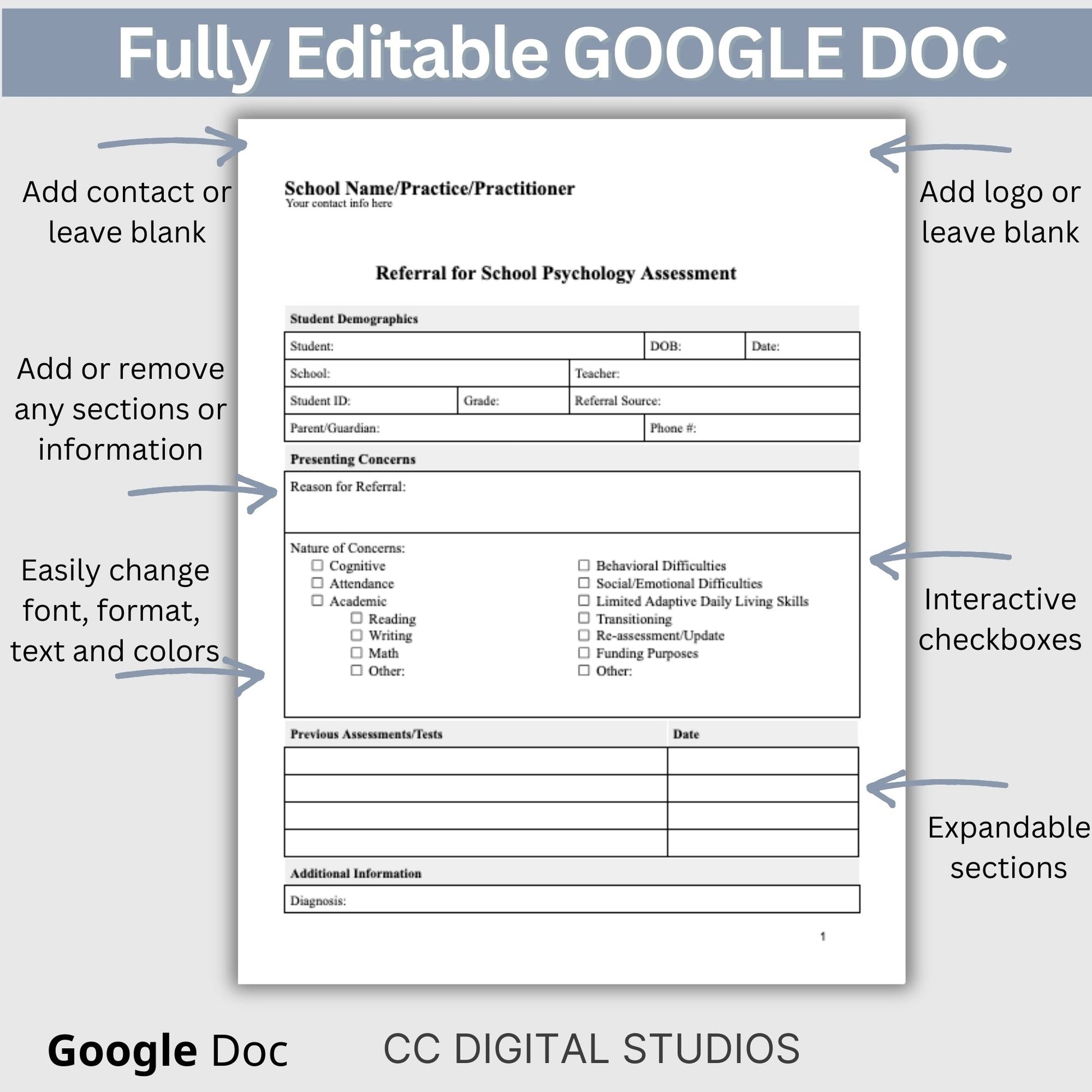 School Psychologist Referral for Assessments, School Counselor Template, Therapy Notes Psychology Form, Mental Health Assessment Referral