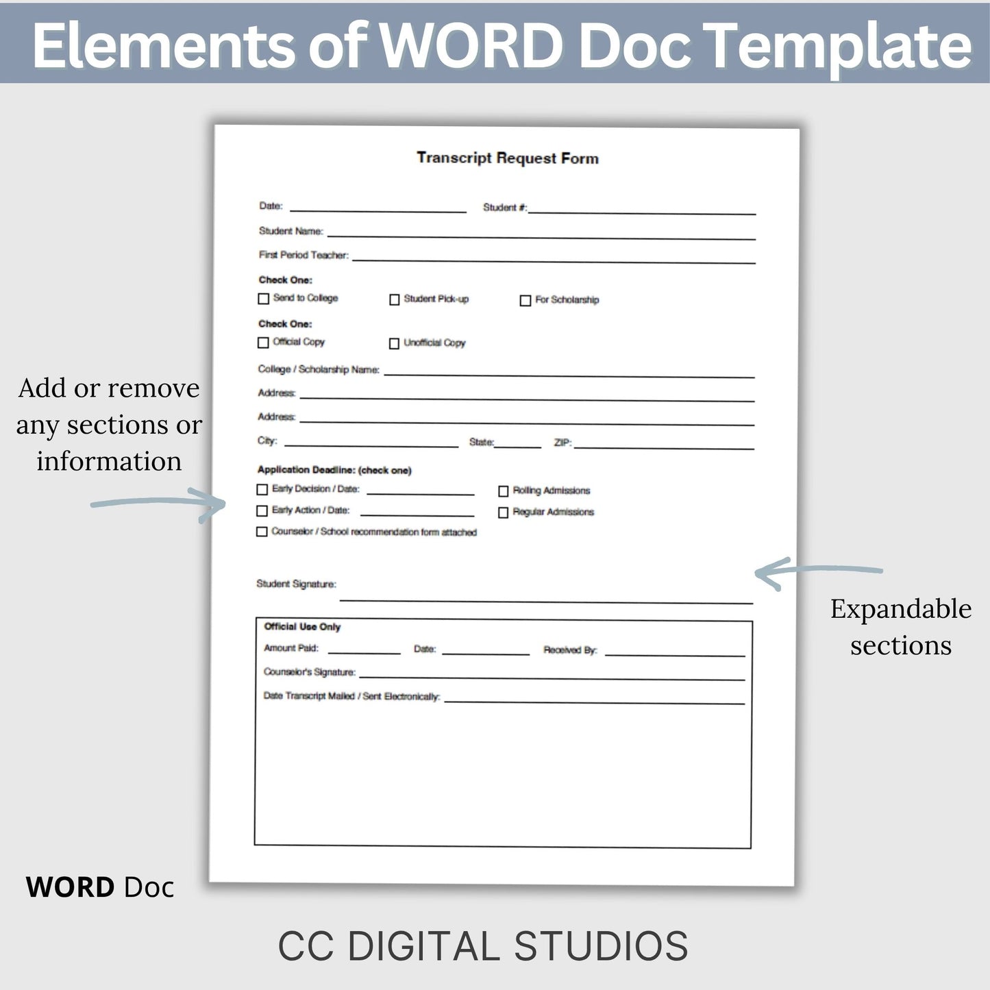 Editable School Transcript Request Form, Student Records Template (Word Doc)