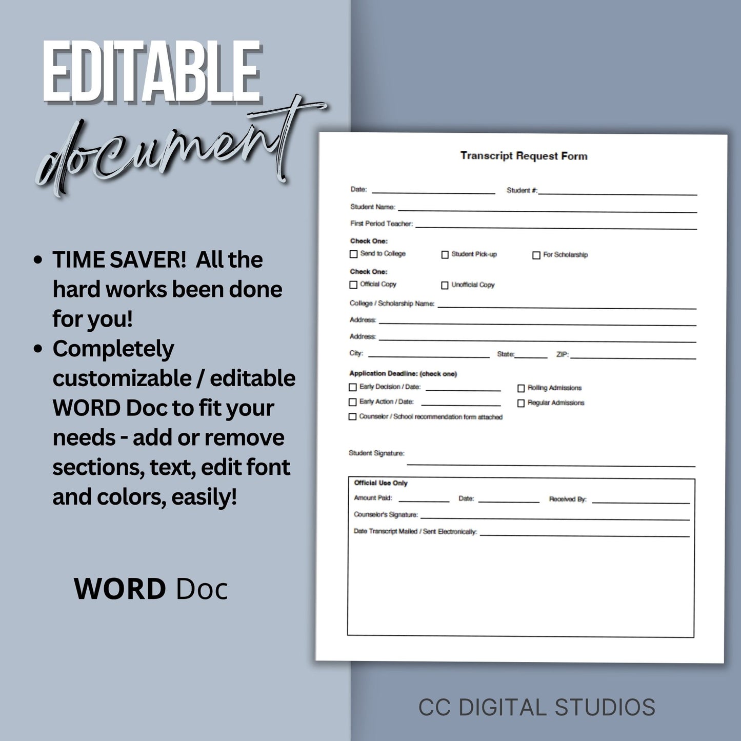 Editable School Transcript Request Form, Student Records Template (Word Doc)