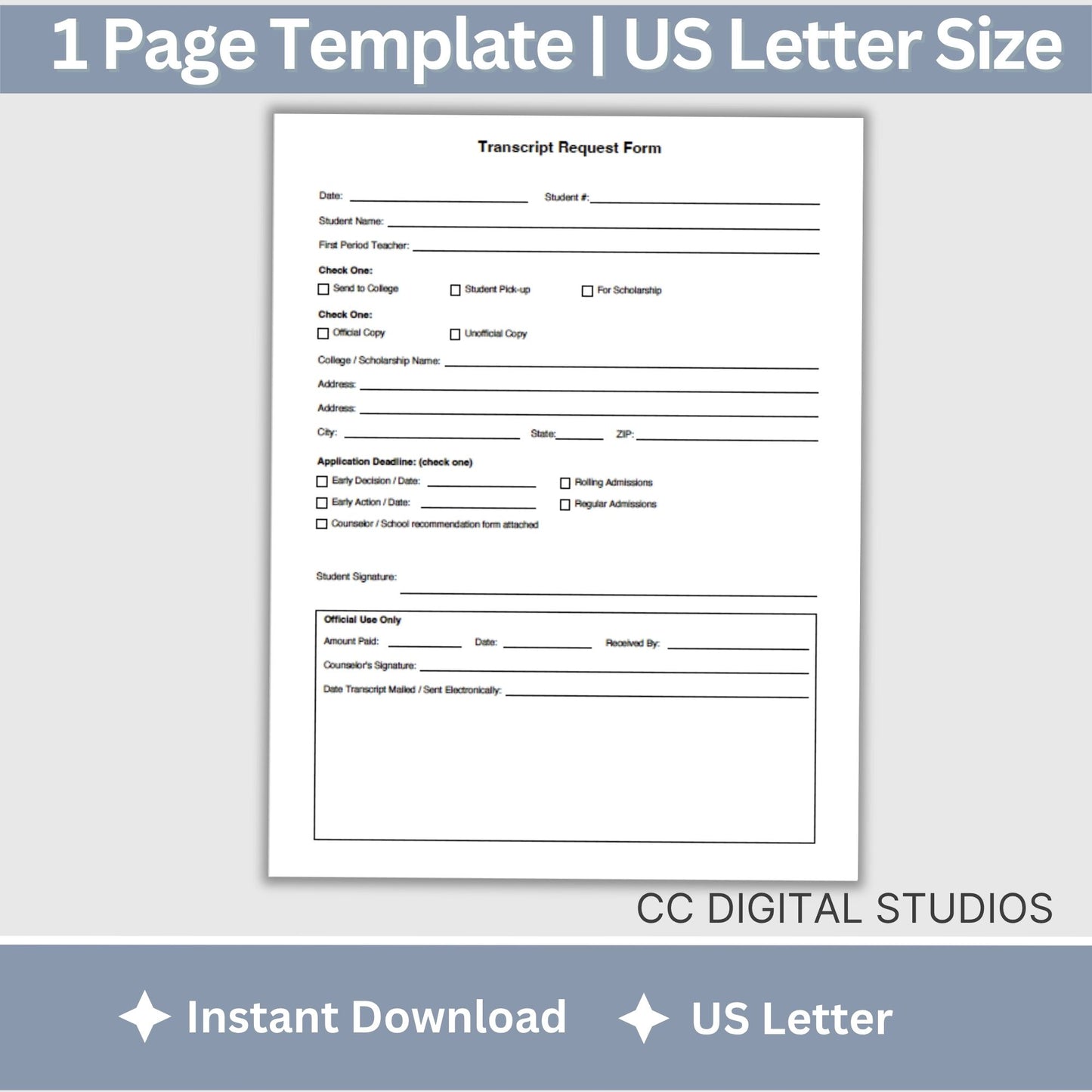 School Transcript Request Form, Fillable PDF Template