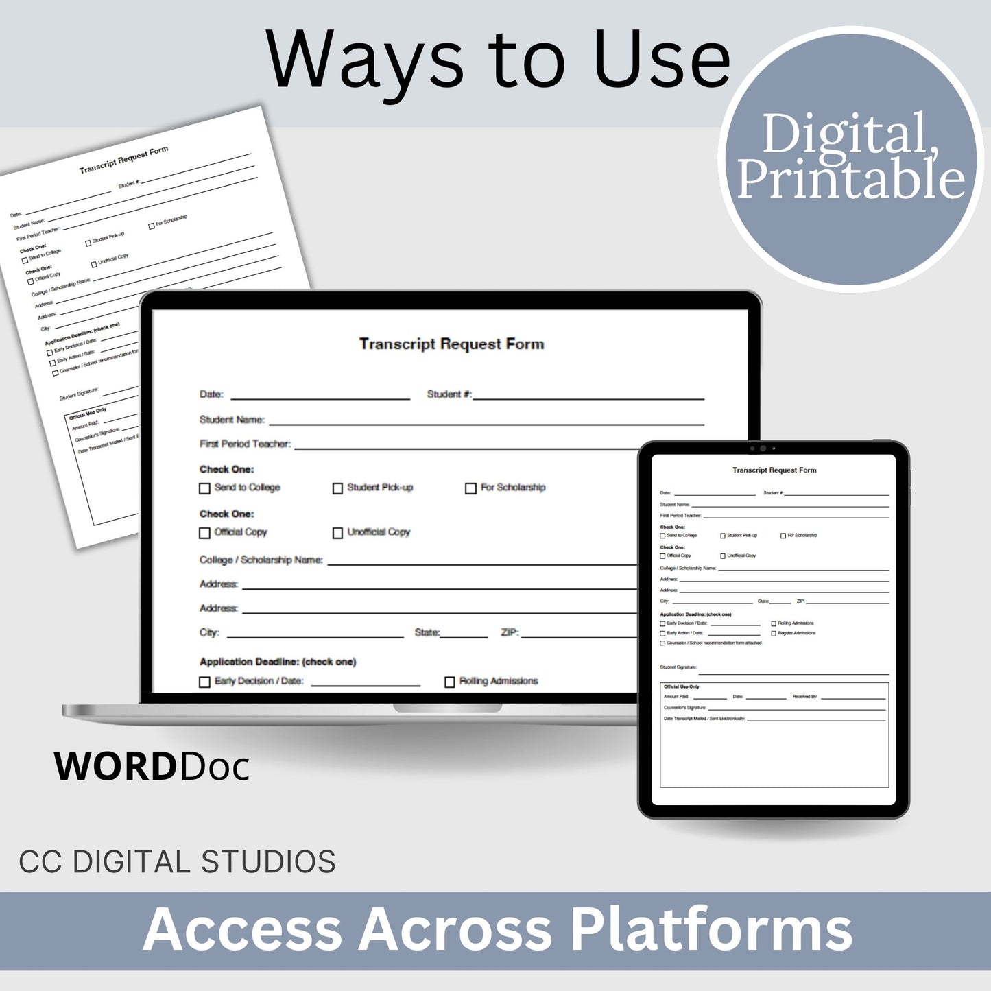Editable School Transcript Request Form, Student Records Template (Word Doc)