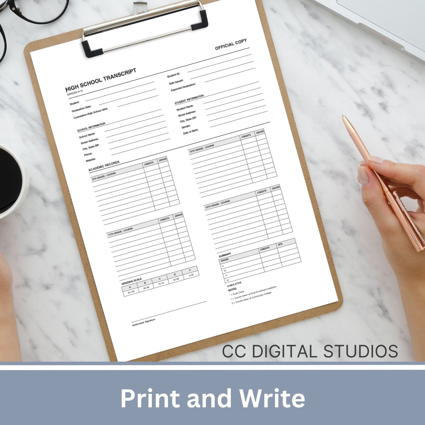 High School Transcript Template, Homeschool Academic Record (Fillable PDF)