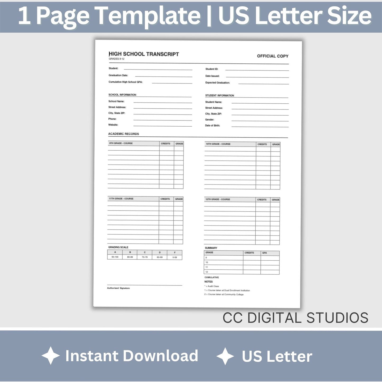 High School Transcript Template, Homeschool Academic Record (Fillable PDF)