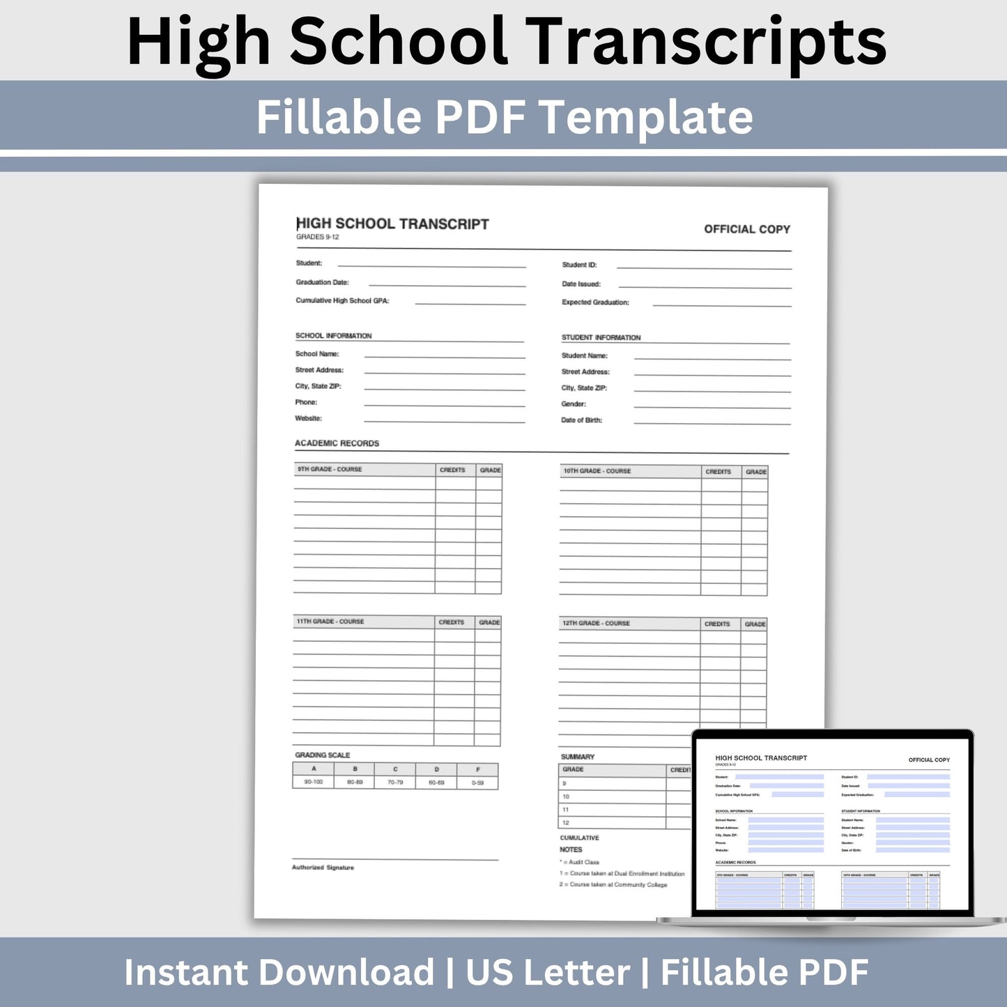 High School Transcript Template, Homeschool Academic Record (Fillable PDF)