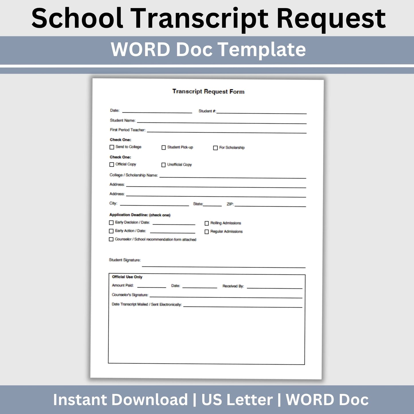 Editable School Transcript Request Form, Student Records Template (Word Doc)