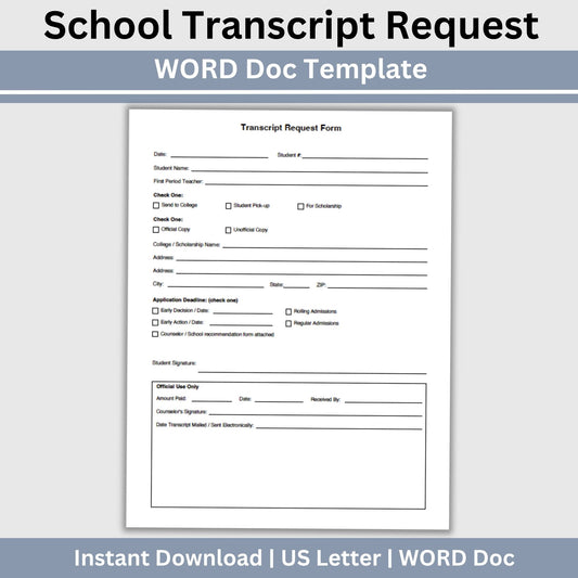 Editable School Transcript Request Form, Student Records Template (Word Doc)