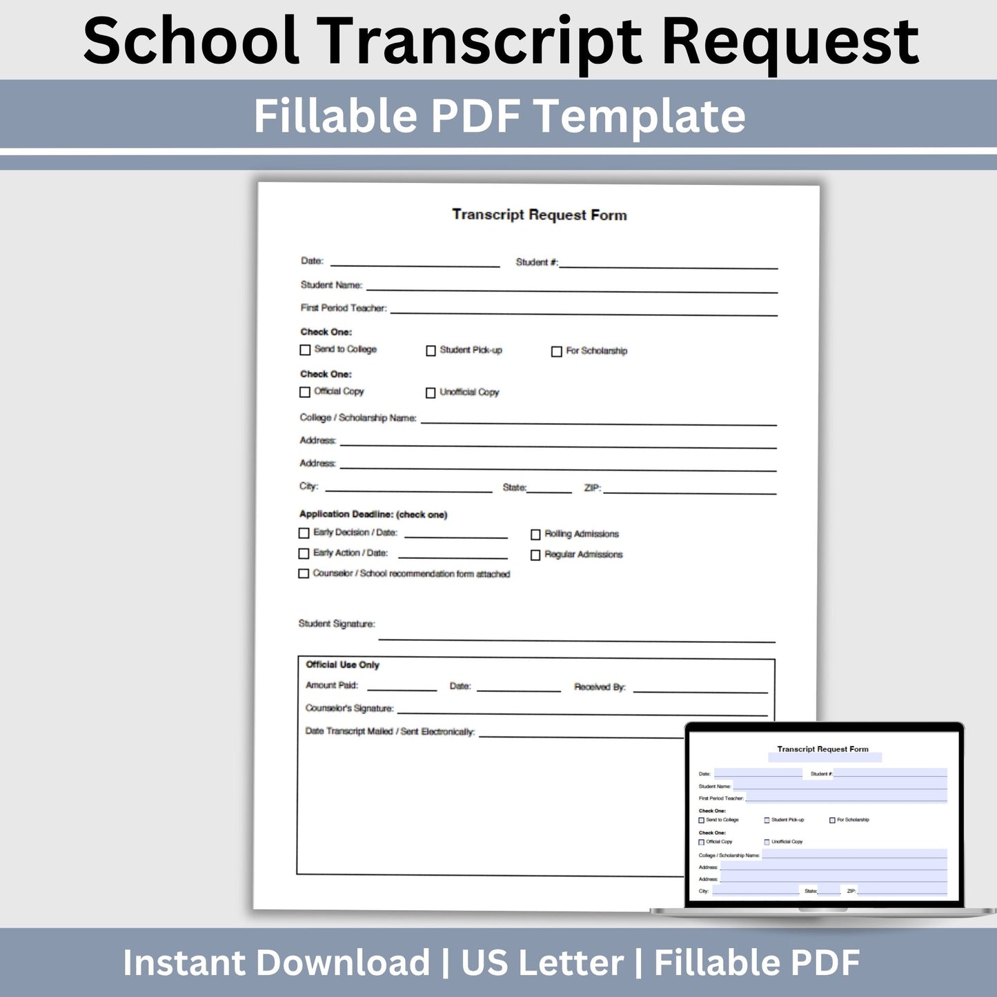 School Transcript Request Form, Fillable PDF Template
