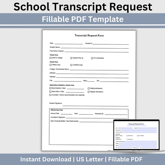 School Transcript Request Form, Fillable PDF Template