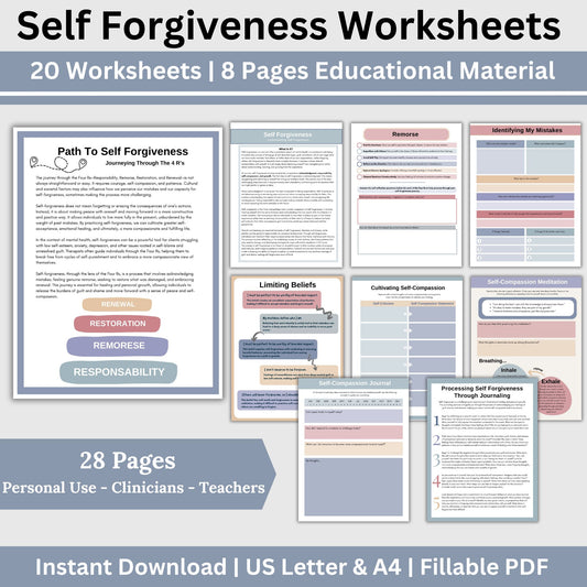 Self Forgiveness Therapy Worksheets, Self Help Inner Child Processing, Self Growth, Mental Health Workbook, CBT Self Esteem Wellness Journal, 28 worksheets that guide you through the process of forgiving yourself. Based on the 4 Rs of Forgiveness