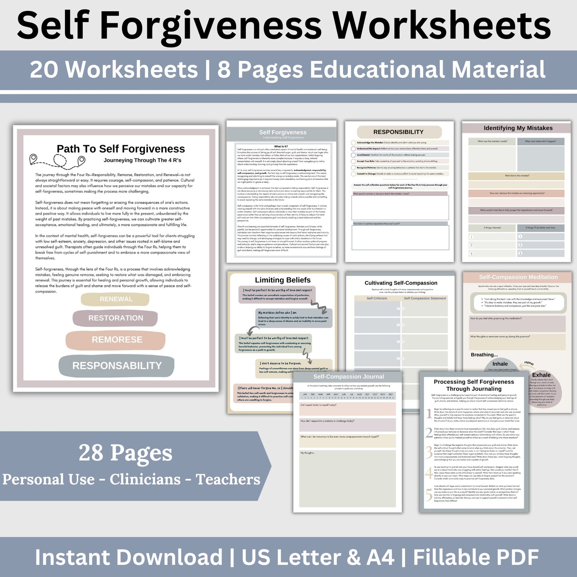 Self Forgiveness Therapy Worksheets, Self Help Inner Child Processing, Self Growth, Mental Health Workbook, CBT Self Esteem Wellness Journal, 28 worksheets that guide you through the process of forgiving yourself. Based on the 4 Rs of Forgiveness