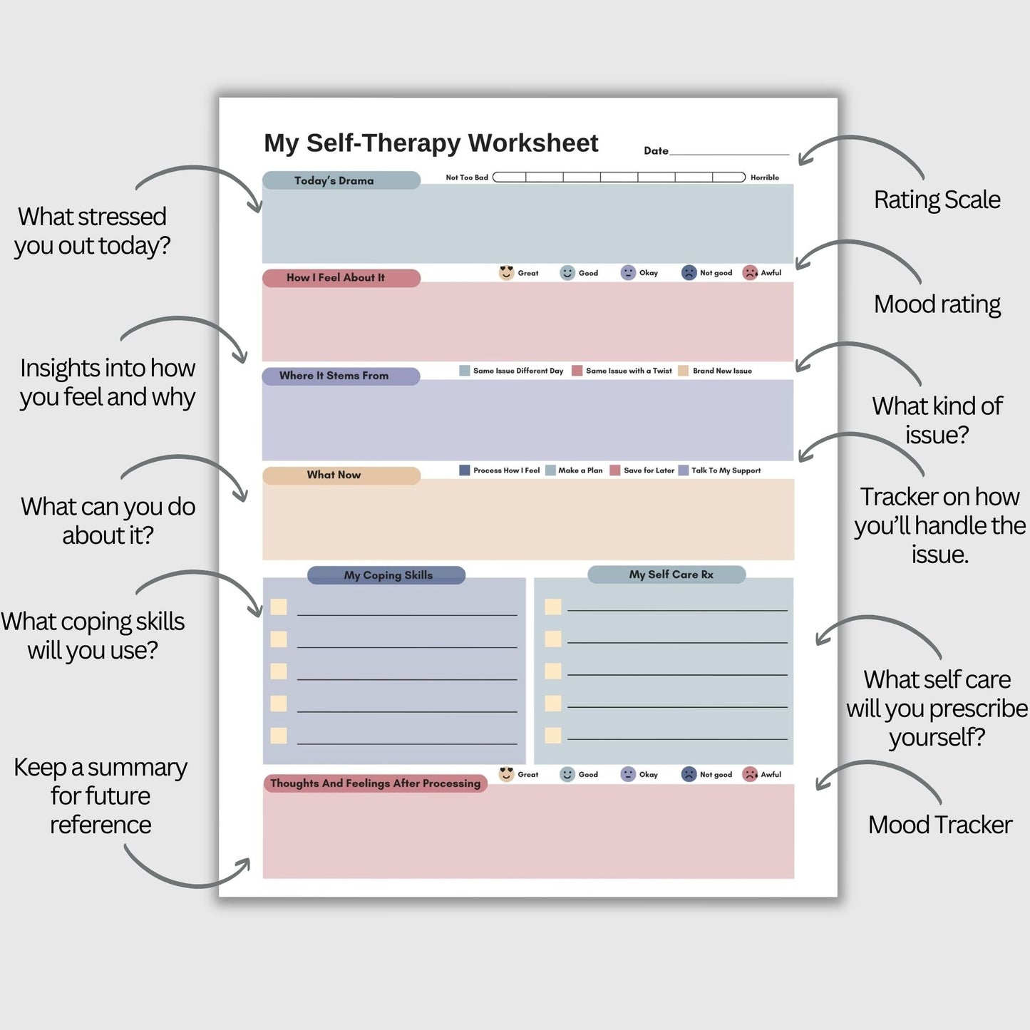 CBT worksheet for self-therapy, self-care, and processing anxiety and life stressors.  This therapy journal page with structured prompts empowers you to process challenges, develop healthier thought patterns