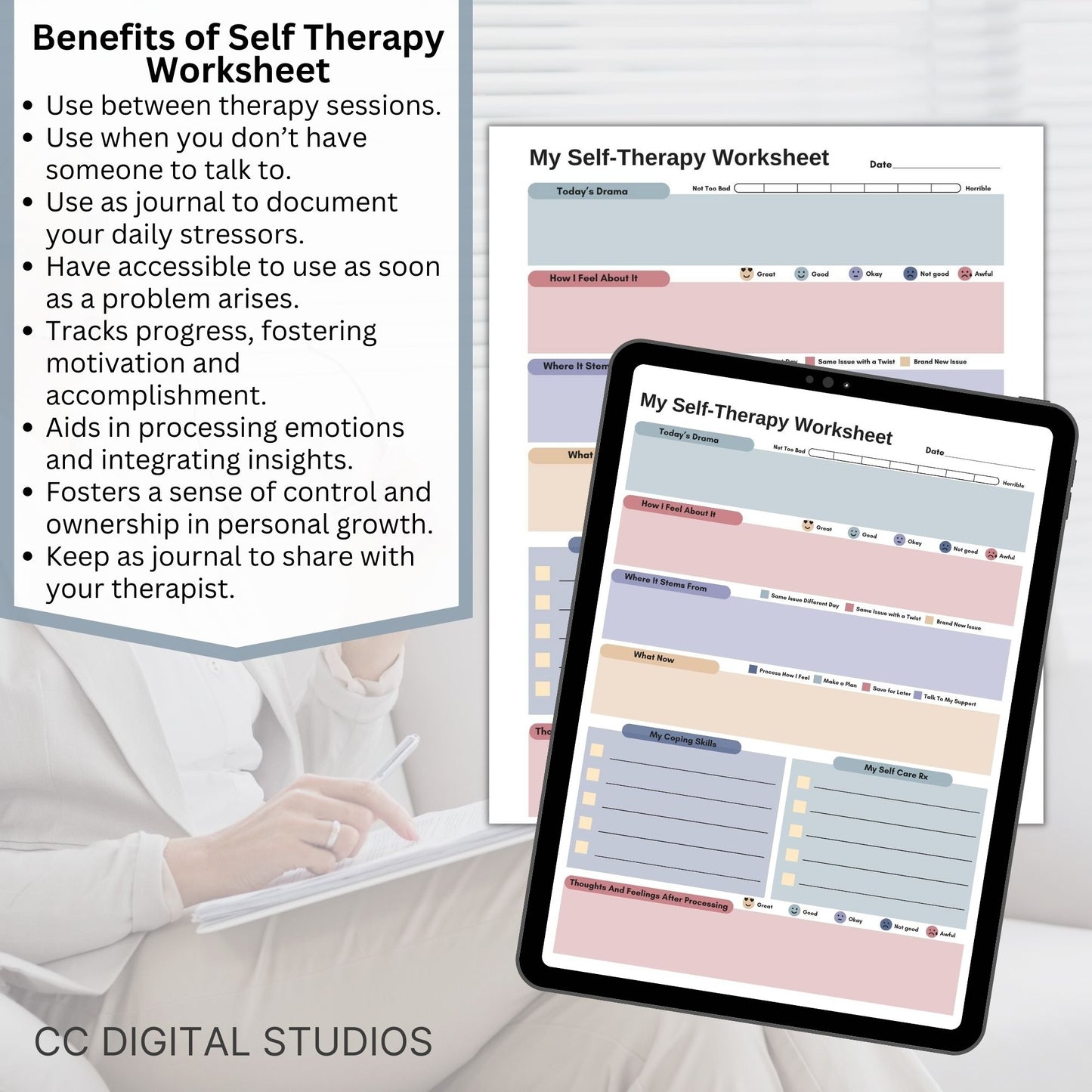 CBT worksheet for self-therapy, self-care, and processing anxiety and life stressors.  This therapy journal page with structured prompts empowers you to process challenges, develop healthier thought patterns