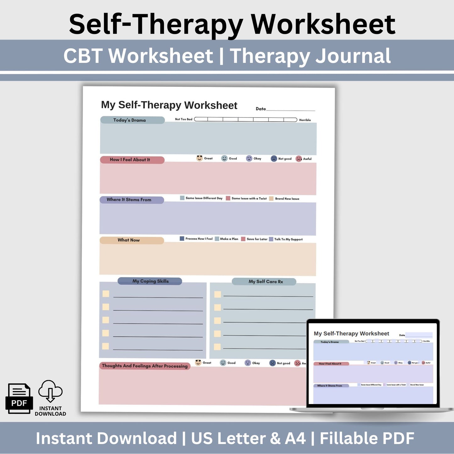 CBT worksheet for self-therapy, self-care, and processing anxiety and life stressors.  This therapy journal page with structured prompts empowers you to process challenges, develop healthier thought patterns