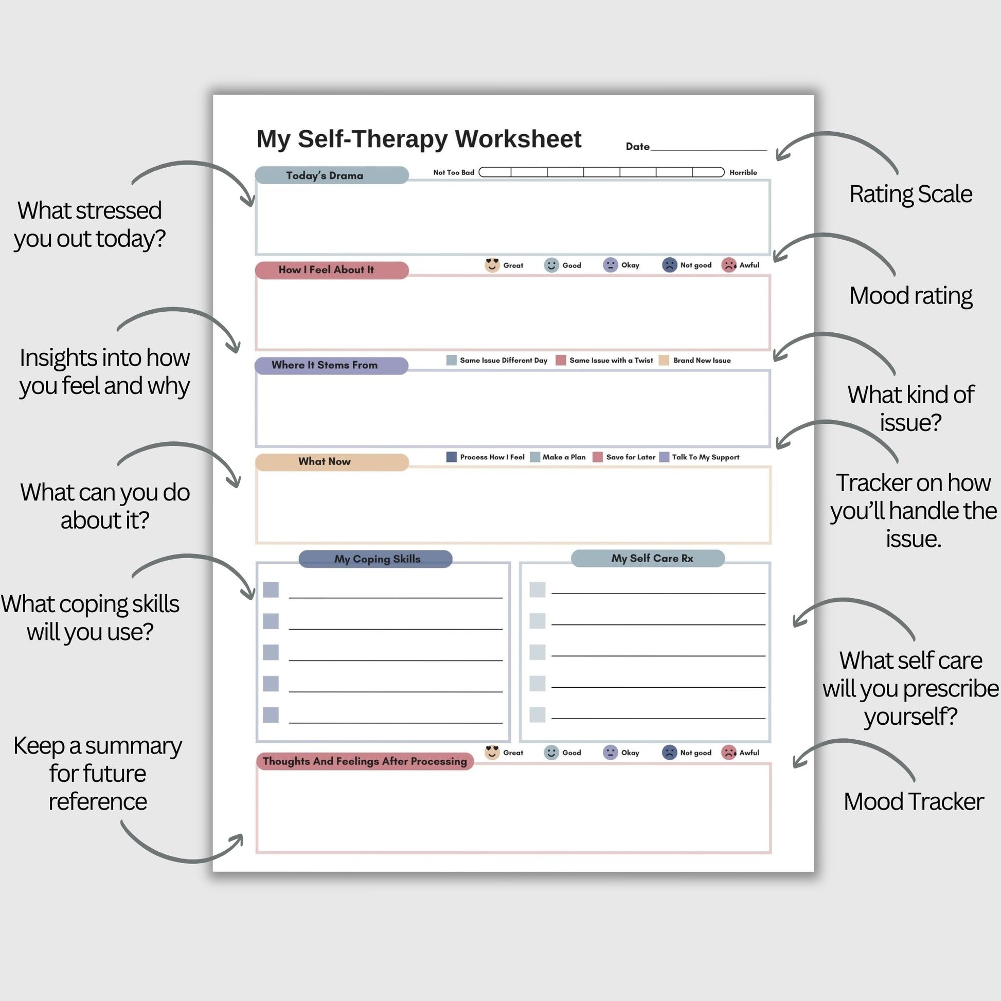 CBT worksheet for self-therapy, self-care, and processing anxiety and life stressors.  This therapy journal page with structured prompts empowers you to process challenges, develop healthier thought patterns