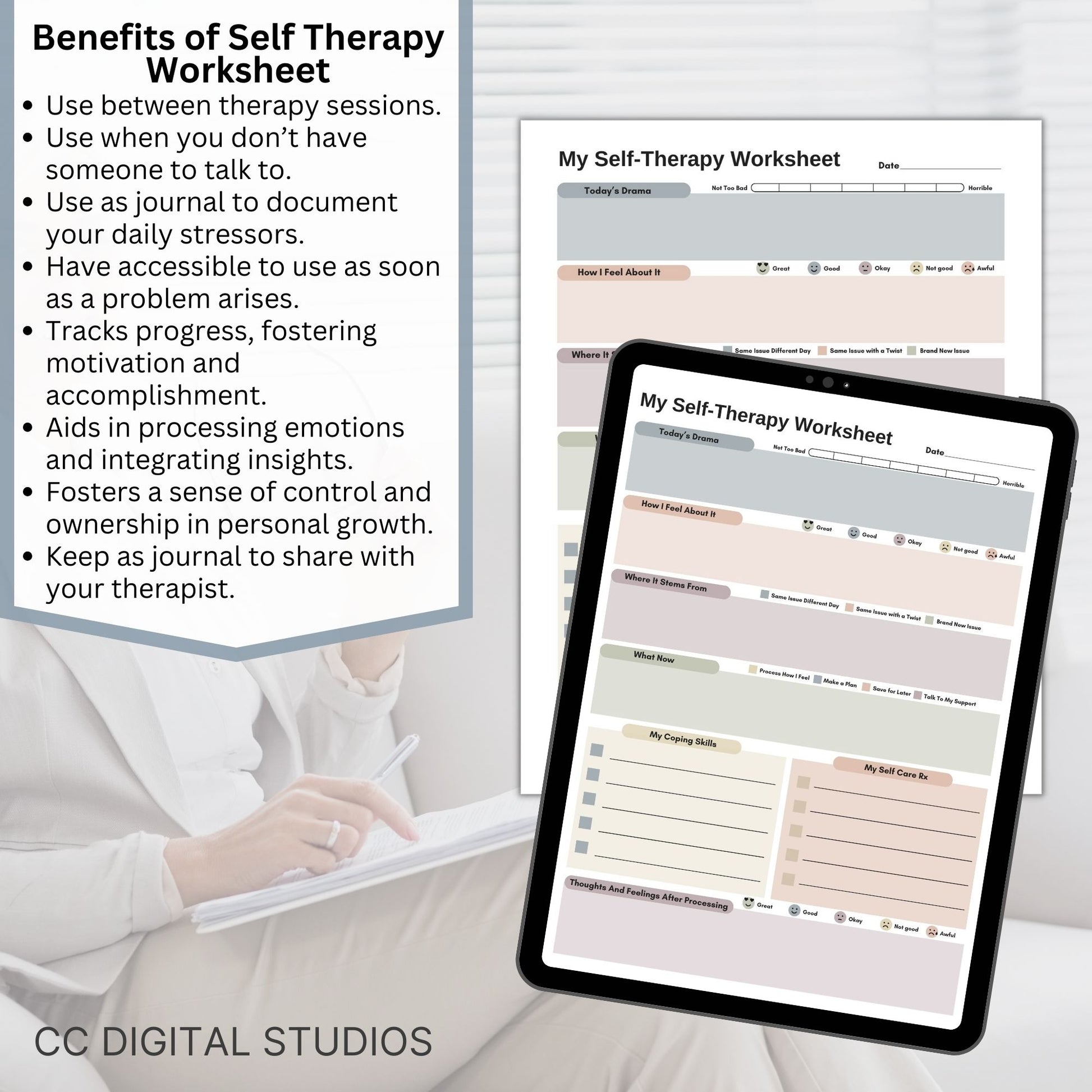 CBT worksheet for self-therapy, self-care, and processing anxiety and life stressors.  This therapy journal page with structured prompts empowers you to process challenges, develop healthier thought patterns