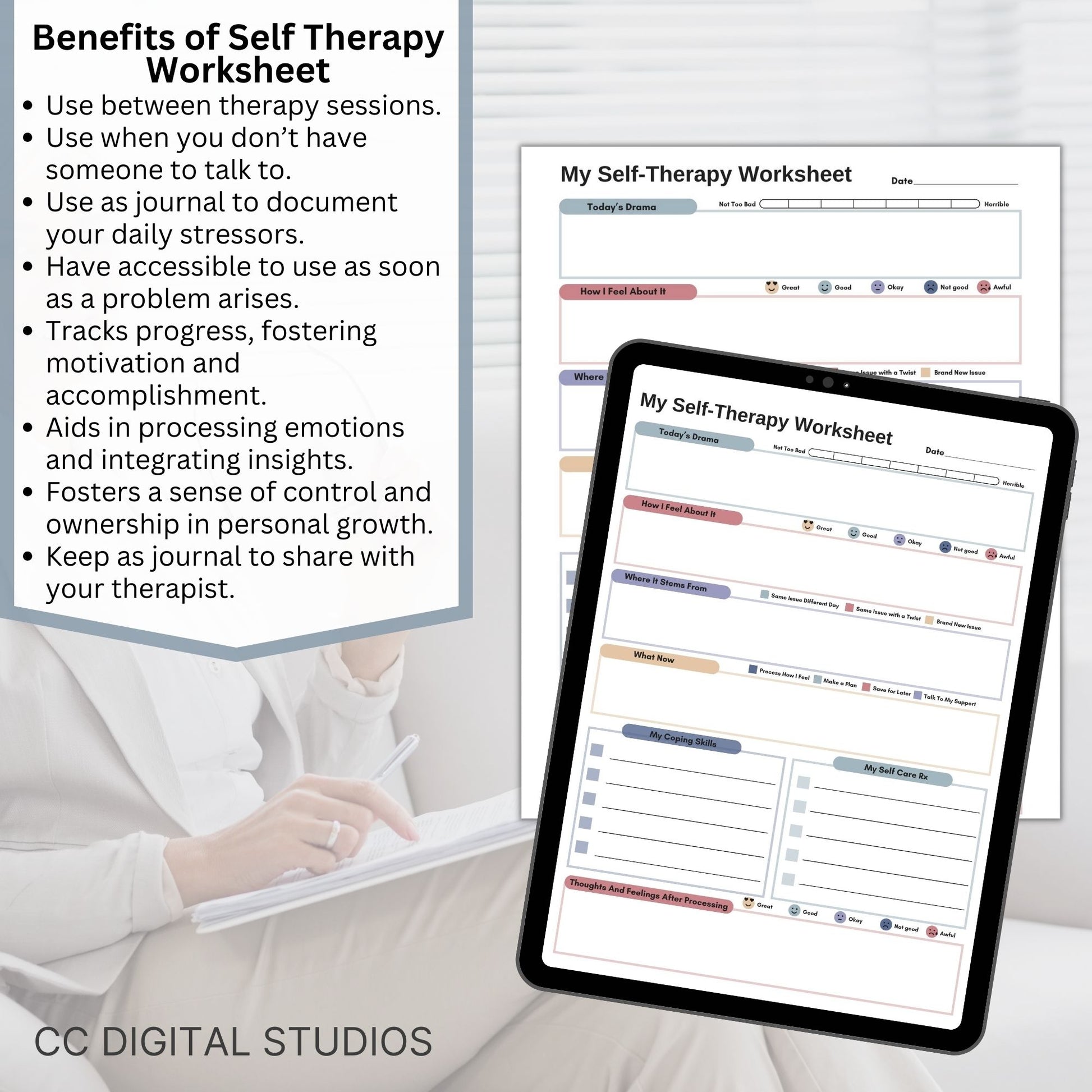 CBT worksheet for self-therapy, self-care, and processing anxiety and life stressors.  This therapy journal page with structured prompts empowers you to process challenges, develop healthier thought patterns