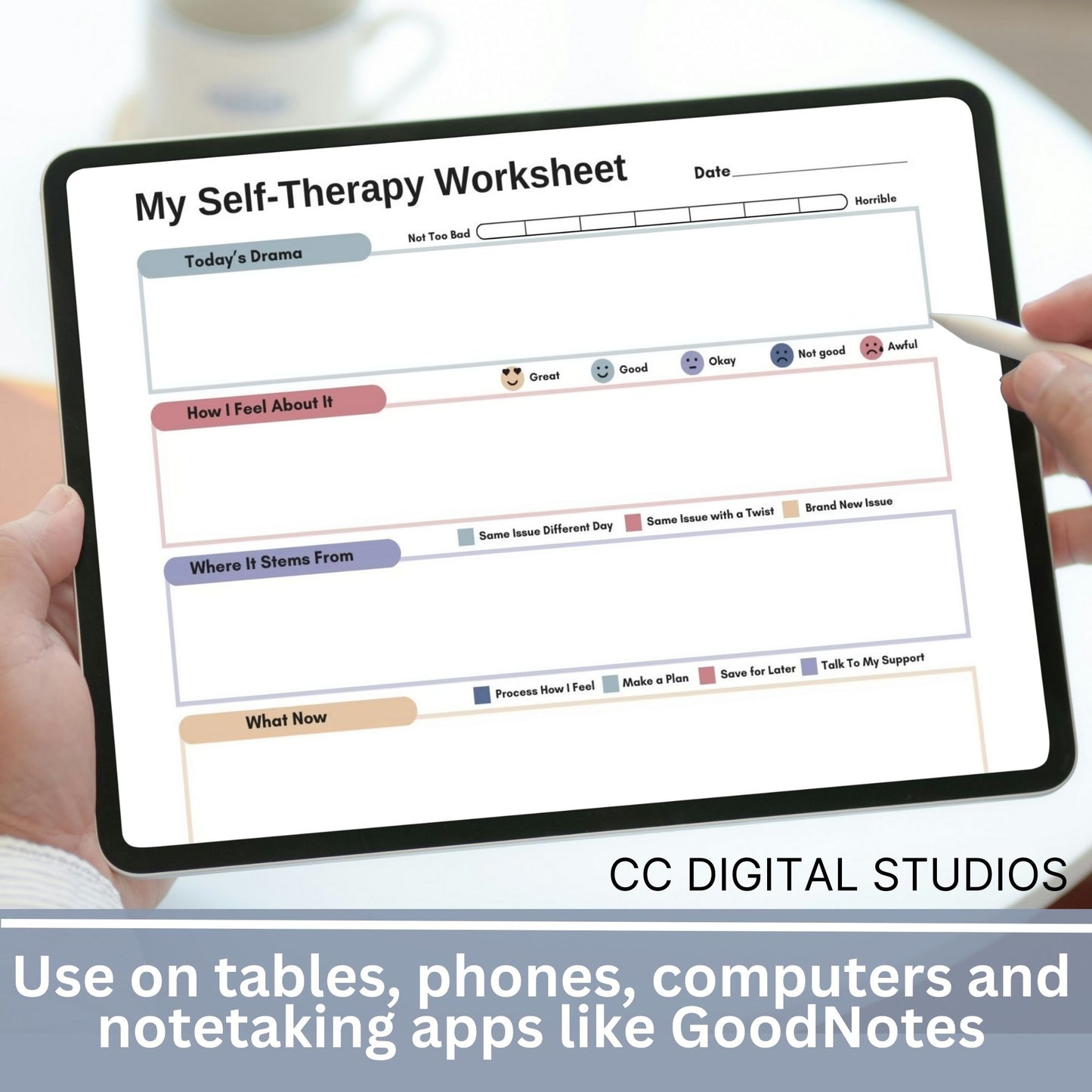 CBT worksheet for self-therapy, self-care, and processing anxiety and life stressors.  This therapy journal page with structured prompts empowers you to process challenges, develop healthier thought patterns