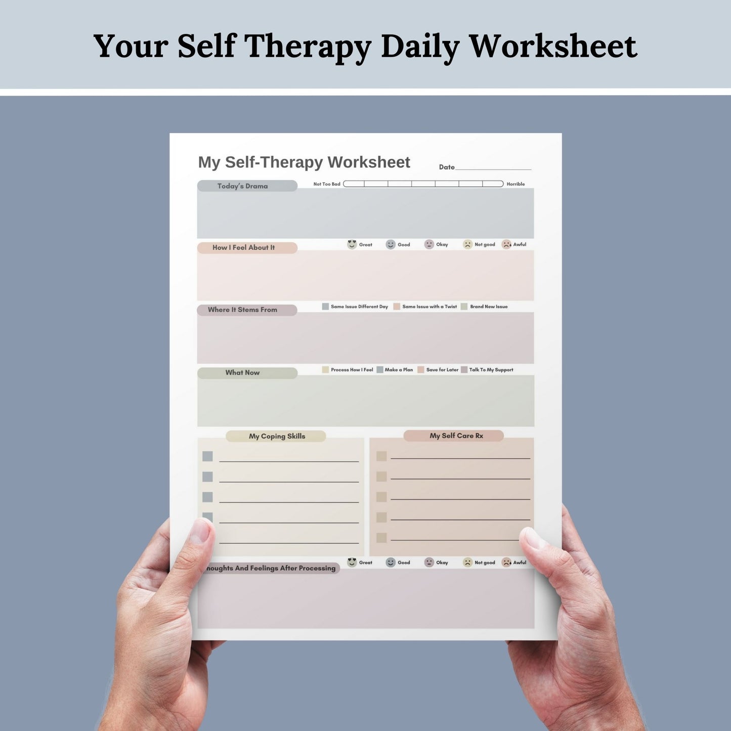CBT worksheet for self-therapy, self-care, and processing anxiety and life stressors.  This therapy journal page with structured prompts empowers you to process challenges, develop healthier thought patterns