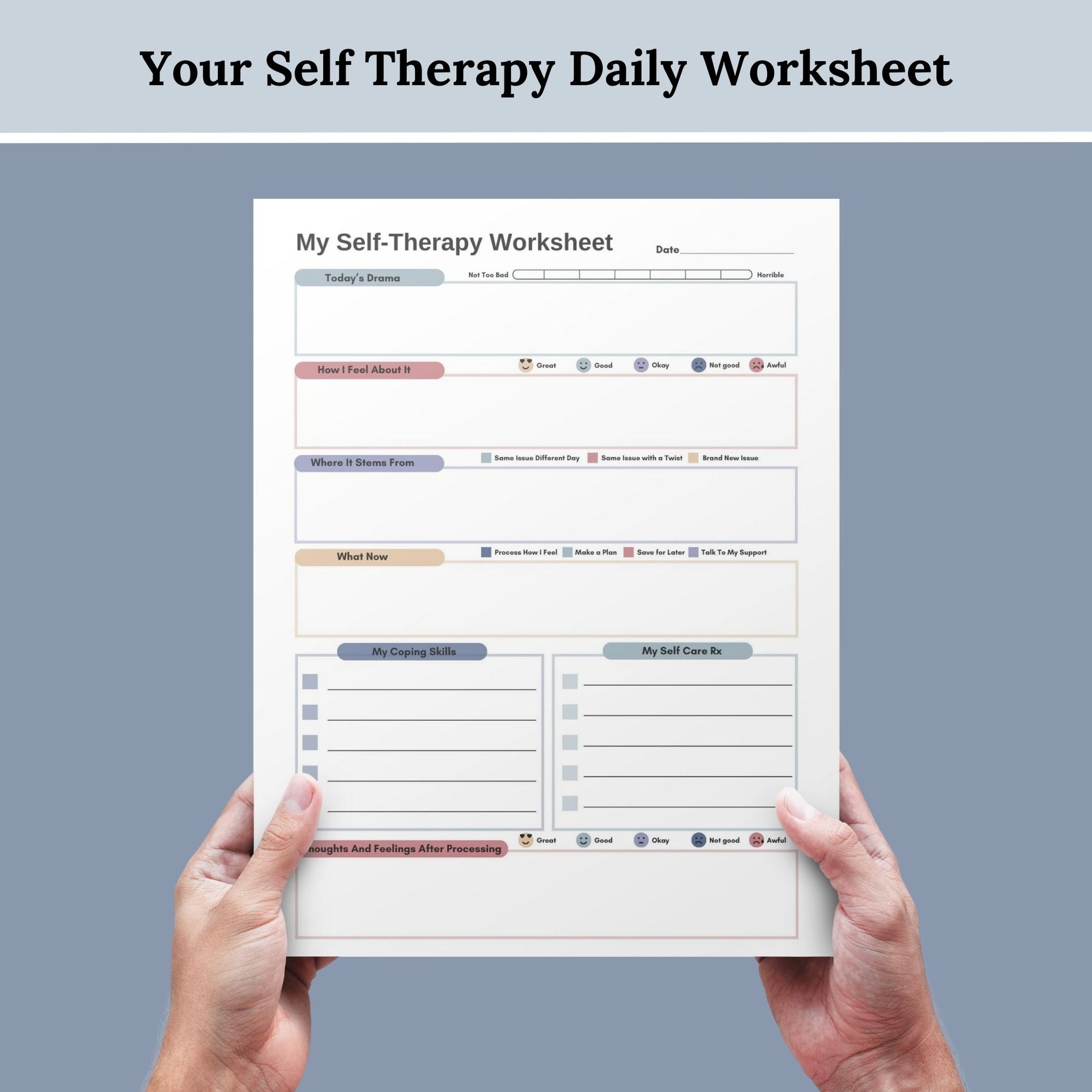 CBT worksheet for self-therapy, self-care, and processing anxiety and life stressors.  This therapy journal page with structured prompts empowers you to process challenges, develop healthier thought patterns