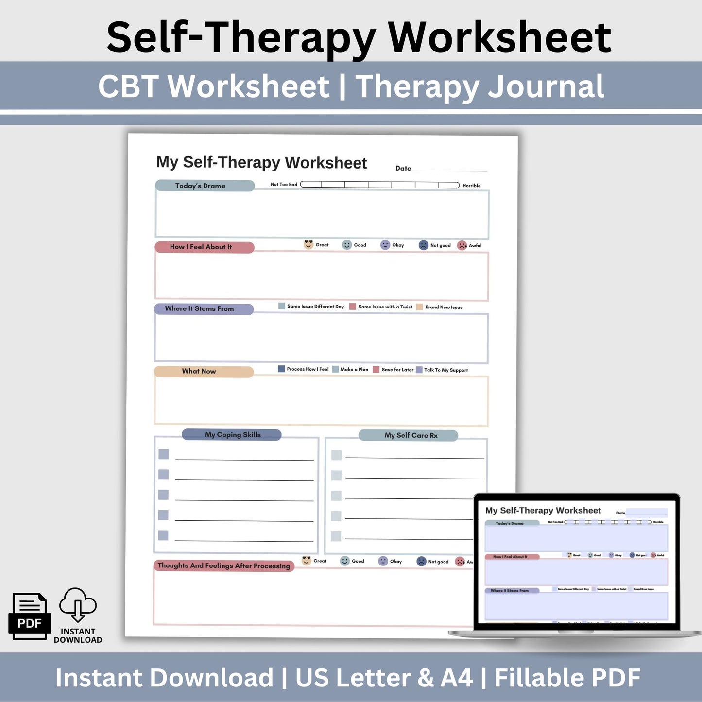 CBT worksheet for self-therapy, self-care, and processing anxiety and life stressors.  This therapy journal page with structured prompts empowers you to process challenges, develop healthier thought patterns