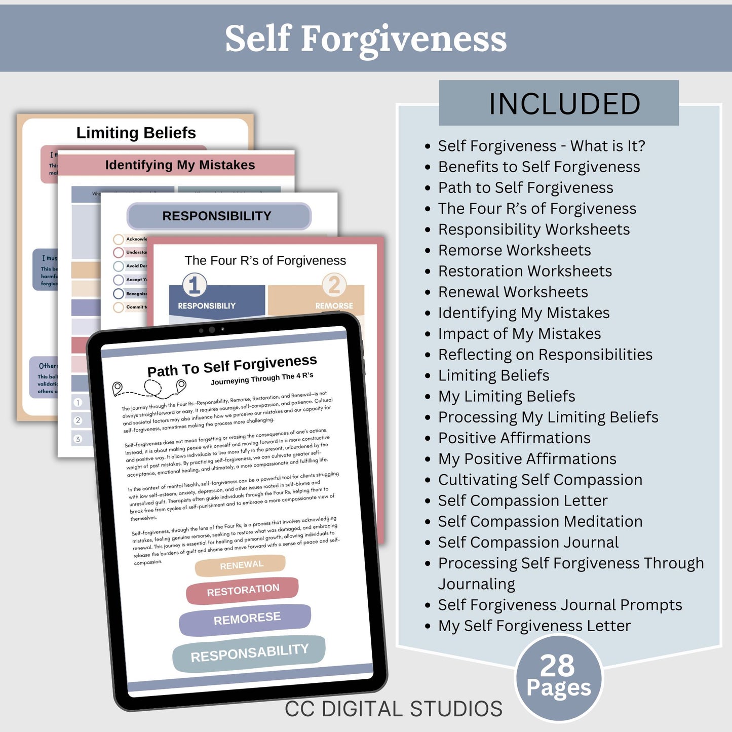 Self Worth Therapy Worksheets Bundle, Confidence, Self Esteem, Inner Critic, Self Sabotage, Imposter Syndrome, Self Care CBT Worksheets, DBT.  116 pages of essential resources for boosting self-esteem and exploring personal identity.