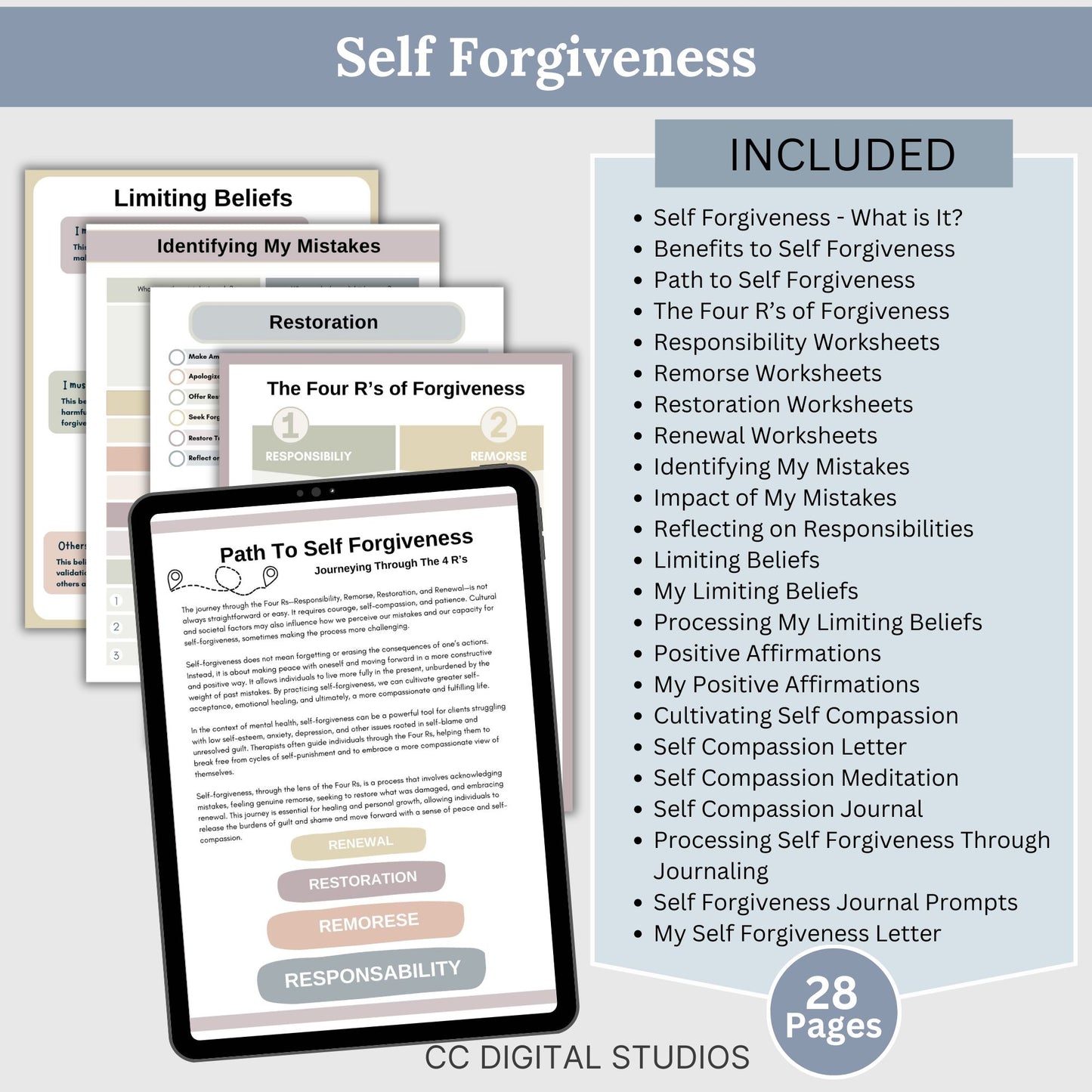 Self Worth Therapy Worksheets Bundle, Confidence, Self Esteem, Inner Critic, Self Sabotage, Imposter Syndrome, Self Care CBT Worksheets, DBT.  116 pages of essential resources for boosting self-esteem and exploring personal identity.