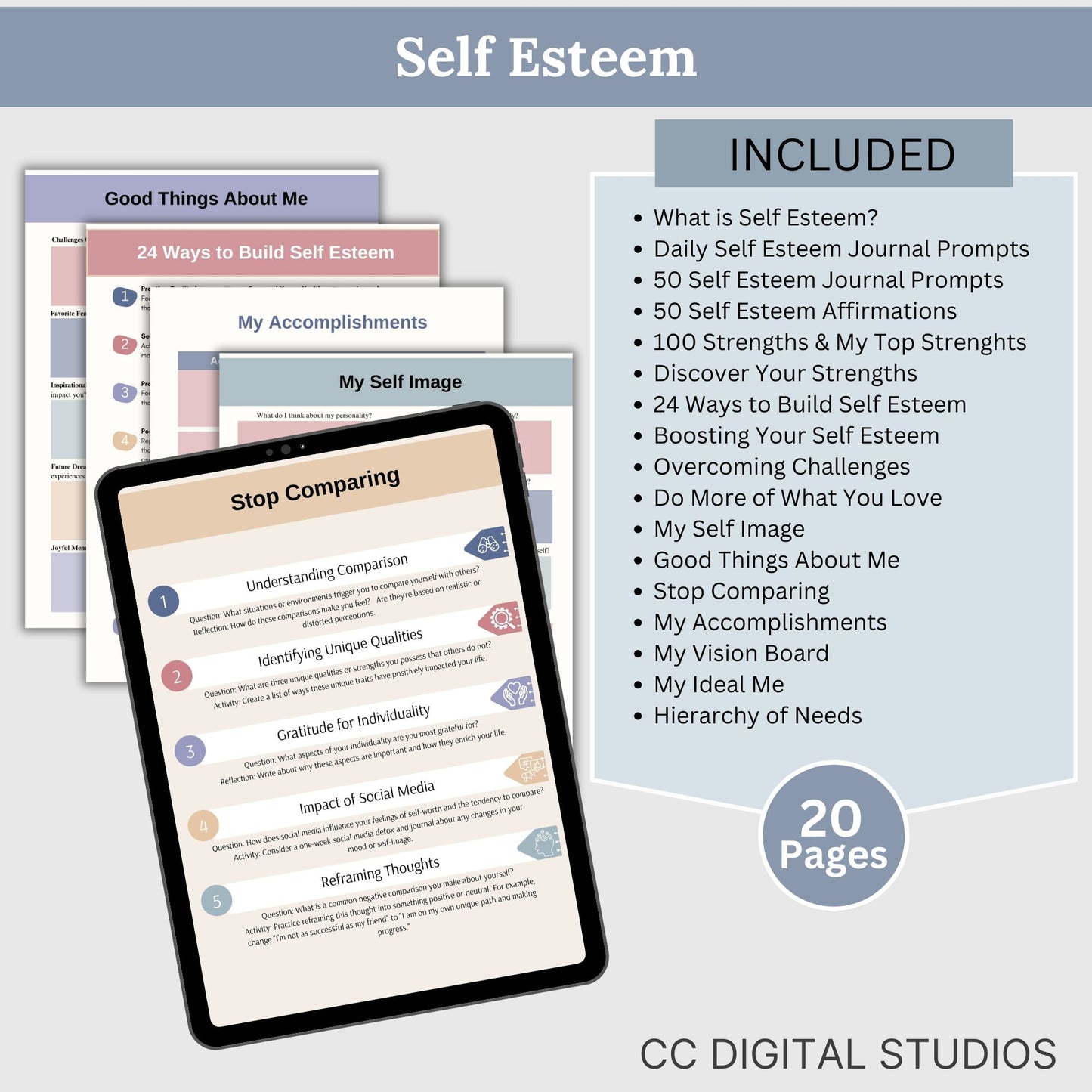 Self Worth Therapy Worksheets Bundle, Confidence, Self Esteem, Inner Critic, Self Sabotage, Imposter Syndrome, Self Care CBT Worksheets, DBT.  116 pages of essential resources for boosting self-esteem and exploring personal identity.