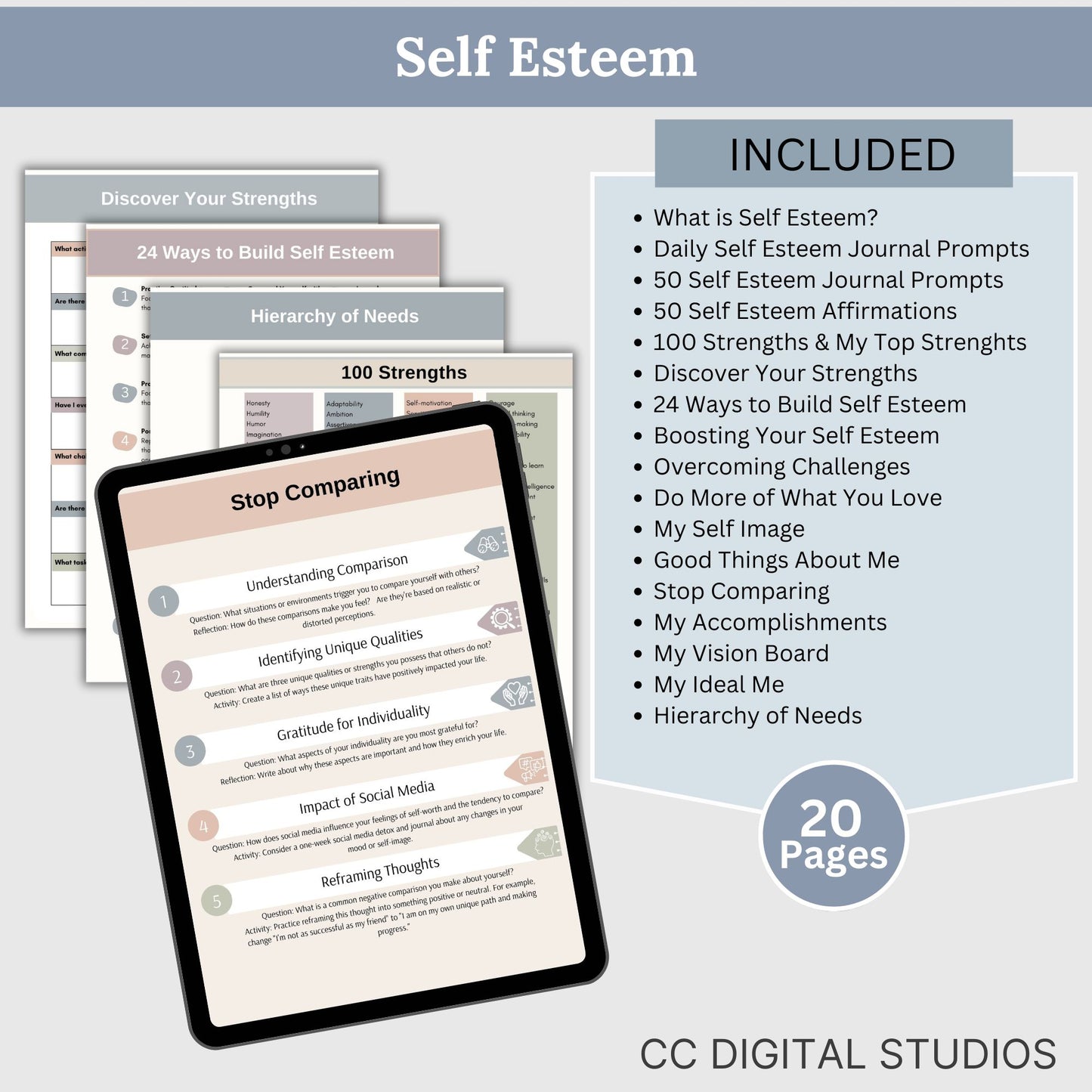 Self Worth Therapy Worksheets Bundle, Confidence, Self Esteem, Inner Critic, Self Sabotage, Imposter Syndrome, Self Care CBT Worksheets, DBT.  116 pages of essential resources for boosting self-esteem and exploring personal identity.