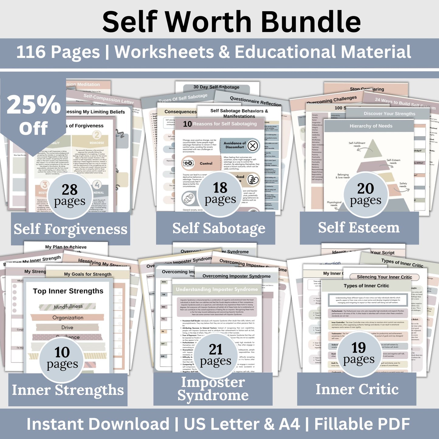 Self Worth Therapy Worksheets Bundle, Confidence, Self Esteem, Inner Critic, Self Sabotage, Imposter Syndrome, Self Care CBT Worksheets, DBT.  116 pages of essential resources for boosting self-esteem and exploring personal identity.