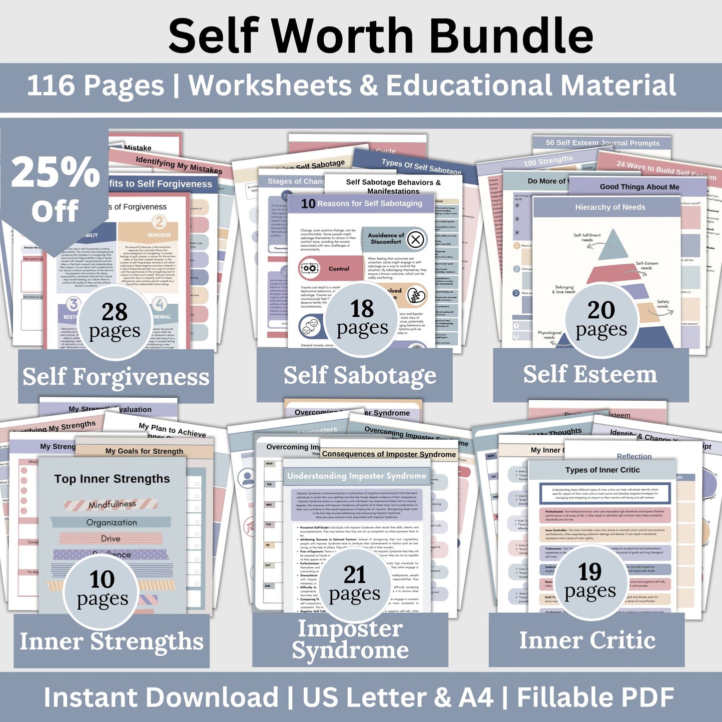 Self Worth Therapy Worksheets Bundle, Confidence, Self Esteem, Inner Critic, Self Sabotage, Imposter Syndrome, Self Care CBT Worksheets, DBT.  116 pages of essential resources for boosting self-esteem and exploring personal identity.