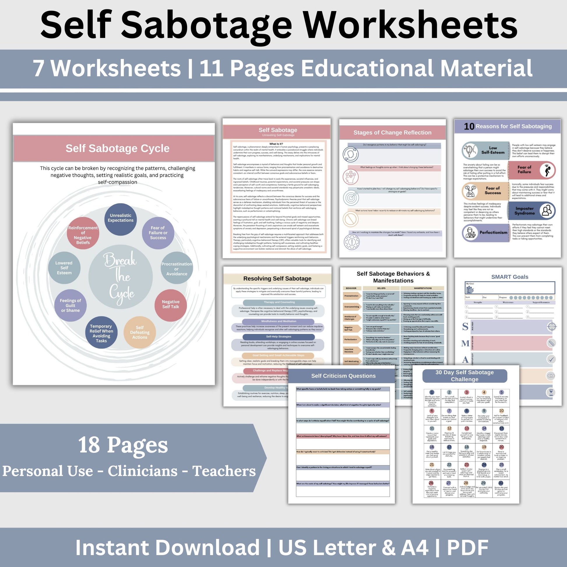 Self-Sabotage Worksheets, crafted to help you identify, understand, and overcome self-defeating behaviors. This resource integrates CBT worksheets and anxiety workbook.  Inner Critic Self Love Journal,  School Counselor, Goal Setting, Regulation