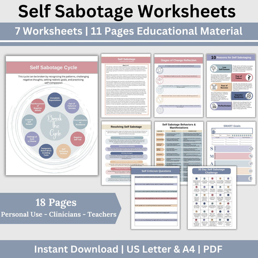 Self-Sabotage Worksheets, crafted to help you identify, understand, and overcome self-defeating behaviors. This resource integrates CBT worksheets and anxiety workbook.  Inner Critic Self Love Journal,  School Counselor, Goal Setting, Regulation