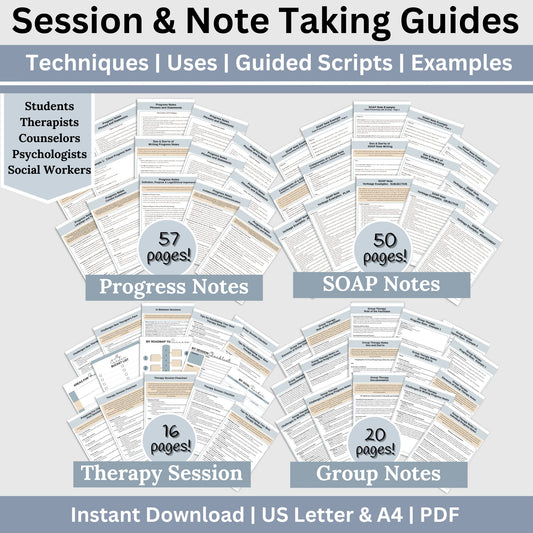 Upgrade your therapist documentation with our 143-page therapy Bundle! Perfect seasoned and new therapists, these guides—Progress Note, Group Therapy Progress Note, SOAP Note, and Therapy Session Guides