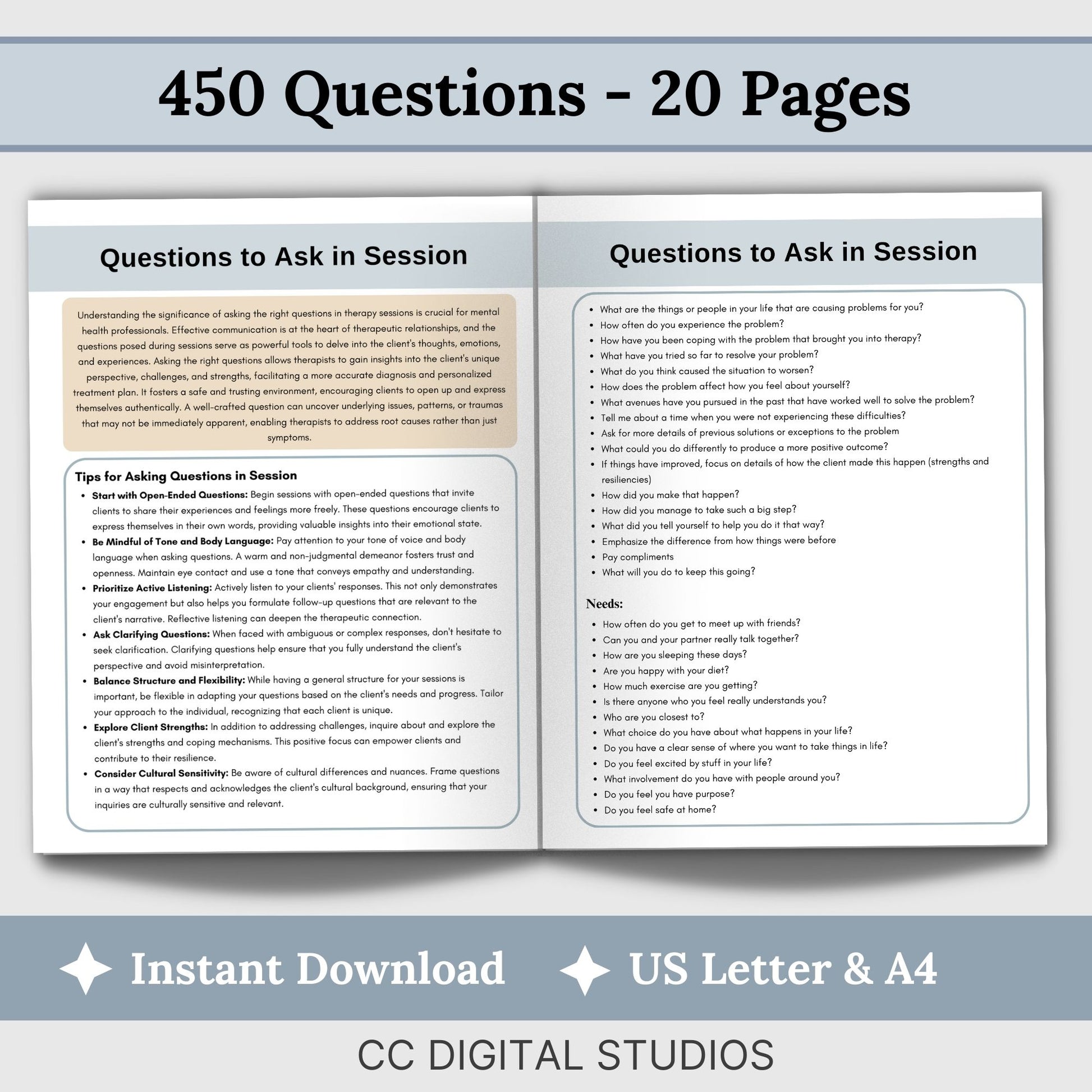 450 Questions and Tips Session Guide for mental health therapists. This therapy cheat sheet is designed to elevate your psychotherapy practice, featuring open-ended questions, crisis questions, and suicide assessment prompts.