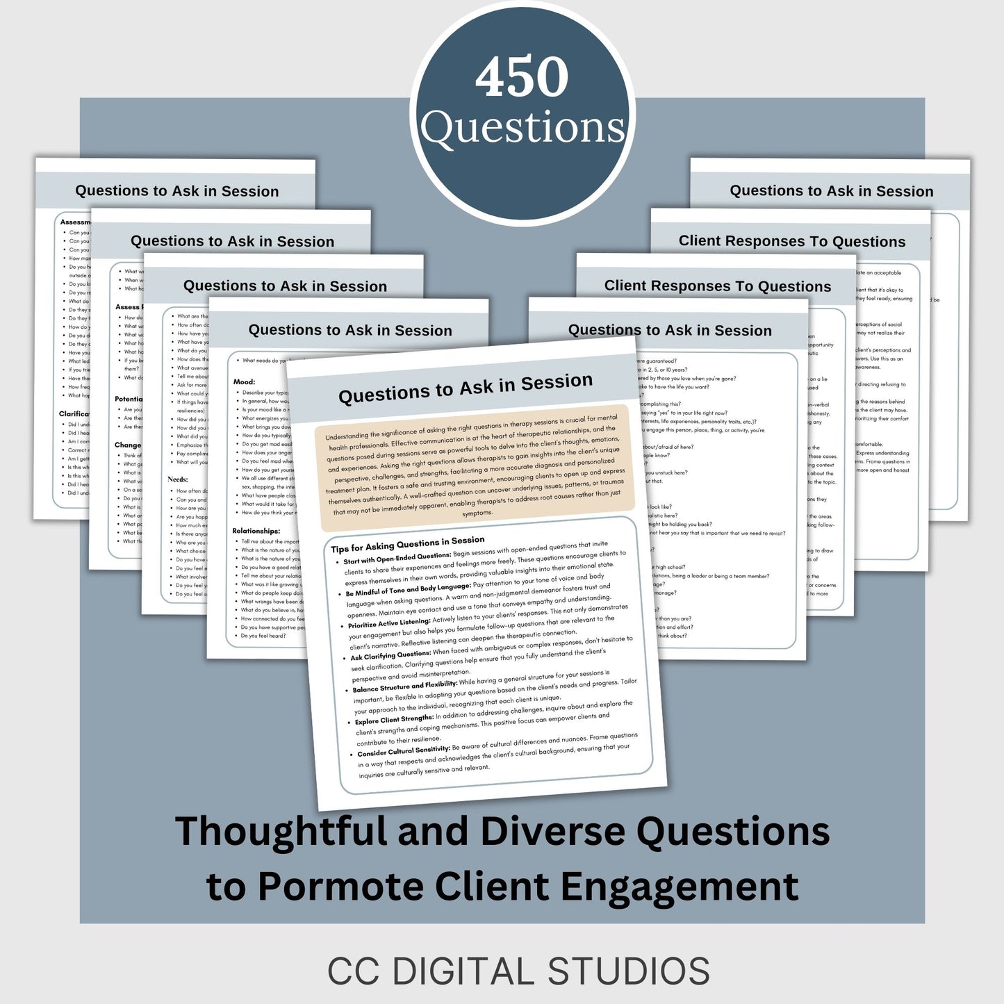 450 Questions and Tips Session Guide for mental health therapists. This therapy cheat sheet is designed to elevate your psychotherapy practice, featuring open-ended questions, crisis questions, and suicide assessment prompts.