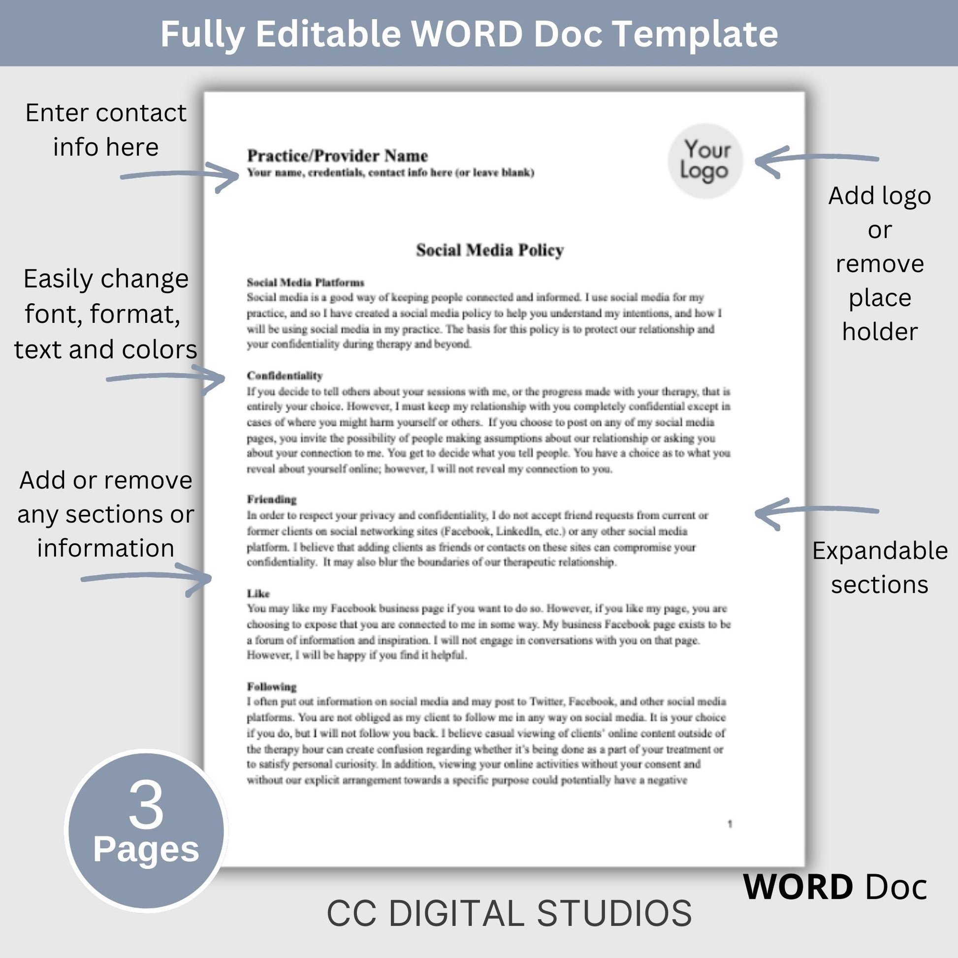 Social Media Policy for Therapists Office, Private Practice Templates, Psychology Office Forms, Counseling Office Policies and Consents