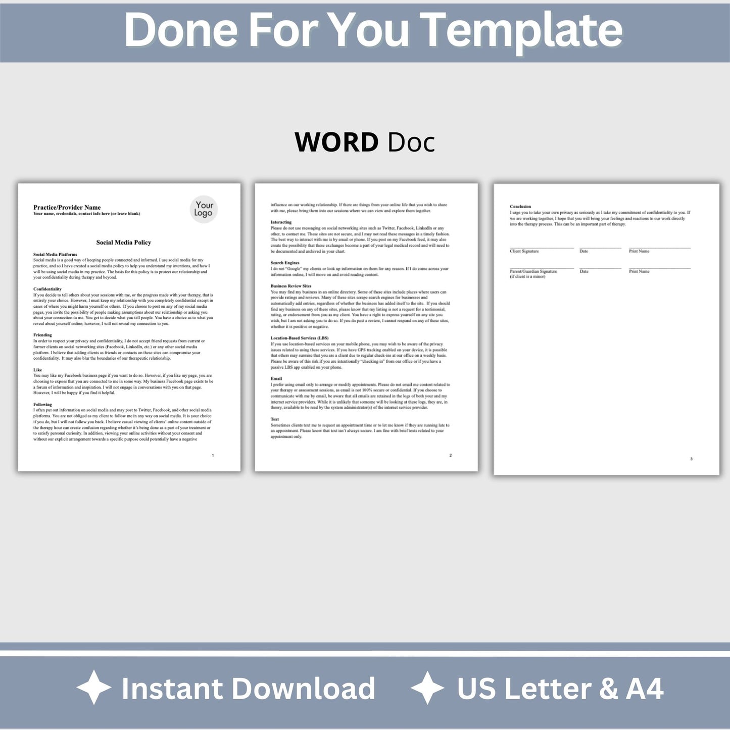 Social Media Policy for Therapists Office, Private Practice Templates, Psychology Office Forms, Counseling Office Policies and Consents