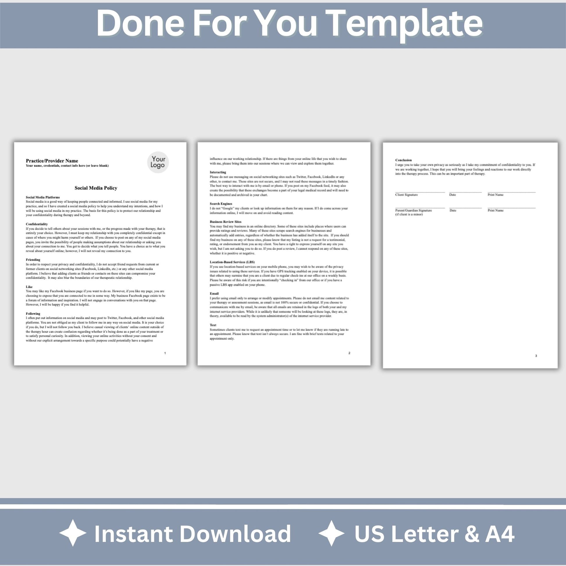 Social Media Policy for Therapists Office, Private Practice Templates, Psychology Office Forms, Counseling Office Policies and Consents