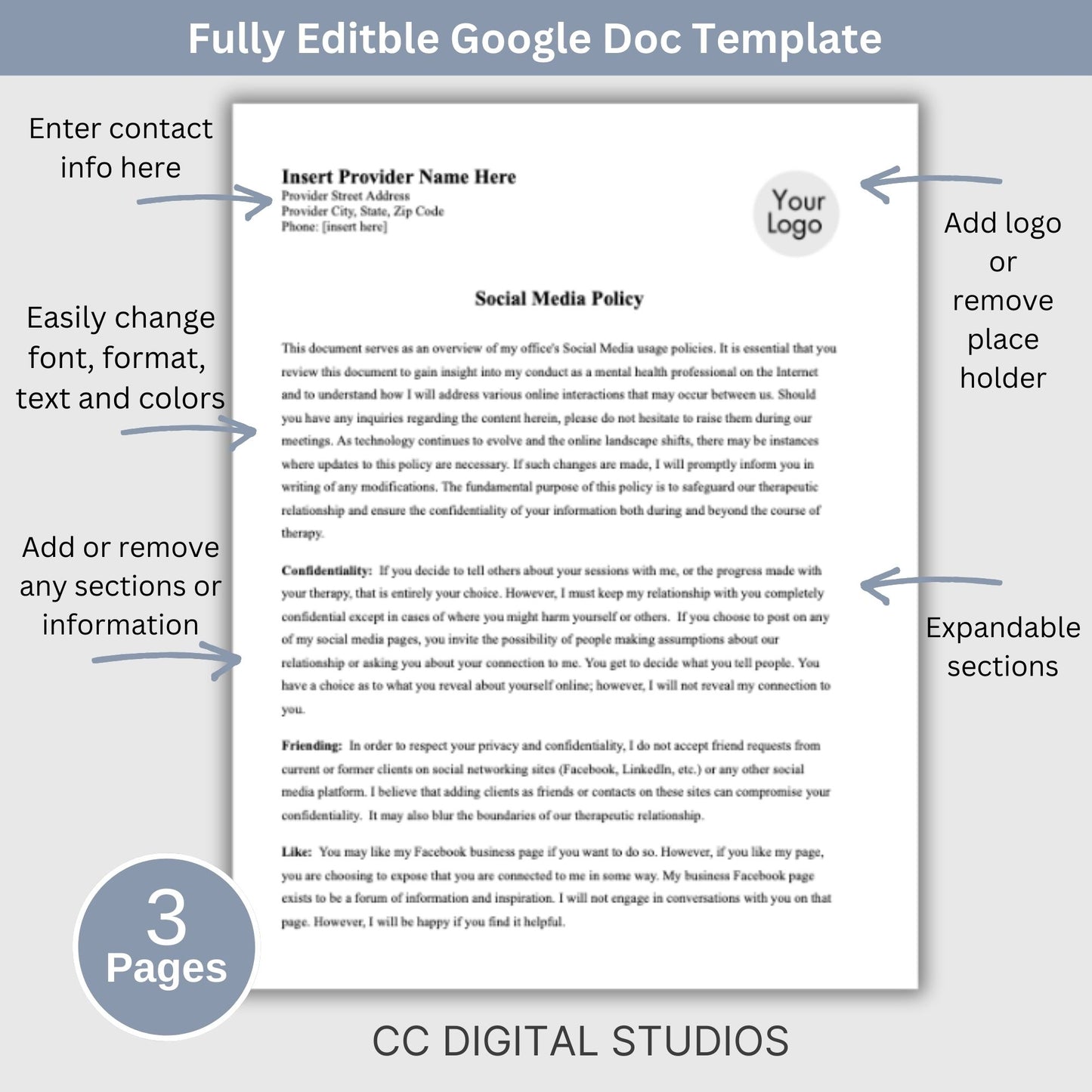 Streamline your client onboarding process with our Social Media Policy for adolescents/minors, Google Doc for mental health professionals. Easily customize the template to fit your practice's unique needs